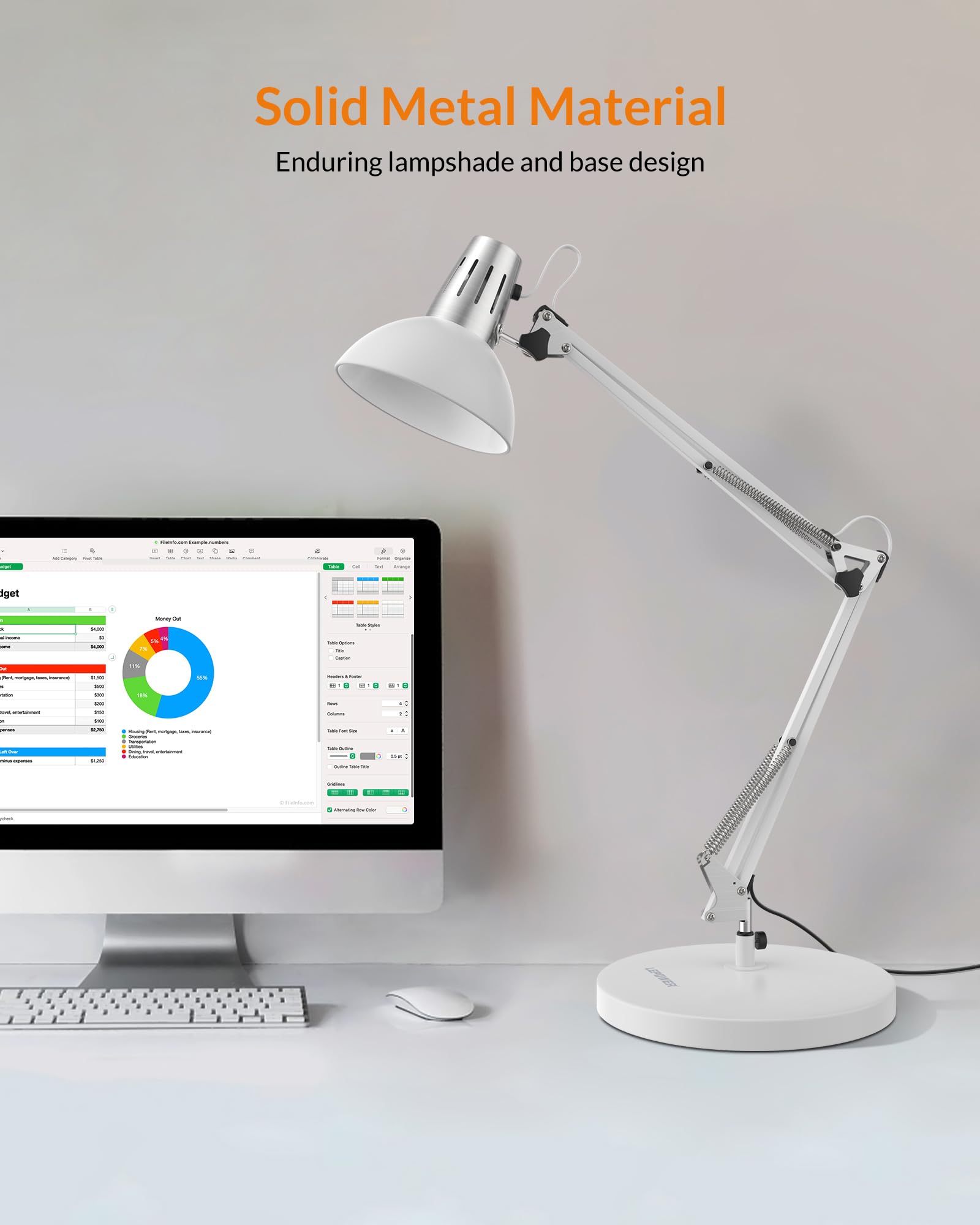 LEPOWER Metal Desk Lamp, Adjustable Goose Neck, On/Off Switch, Clamp, White, Model UT2020