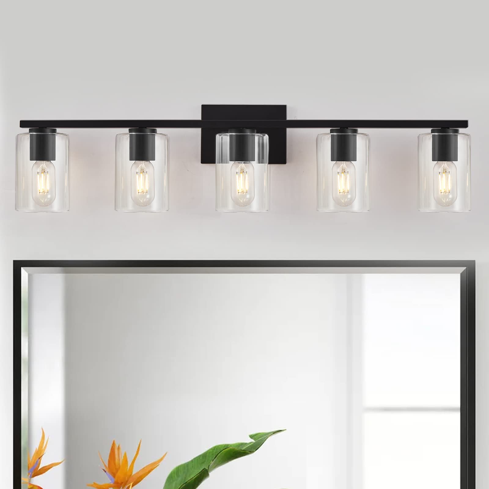 Drnanlit 5-Light Bathroom Light Over Mirror,Modern Vanity Lights With Clear Glass,Matte Black Metal Bathroom Lighting Fixture Fo