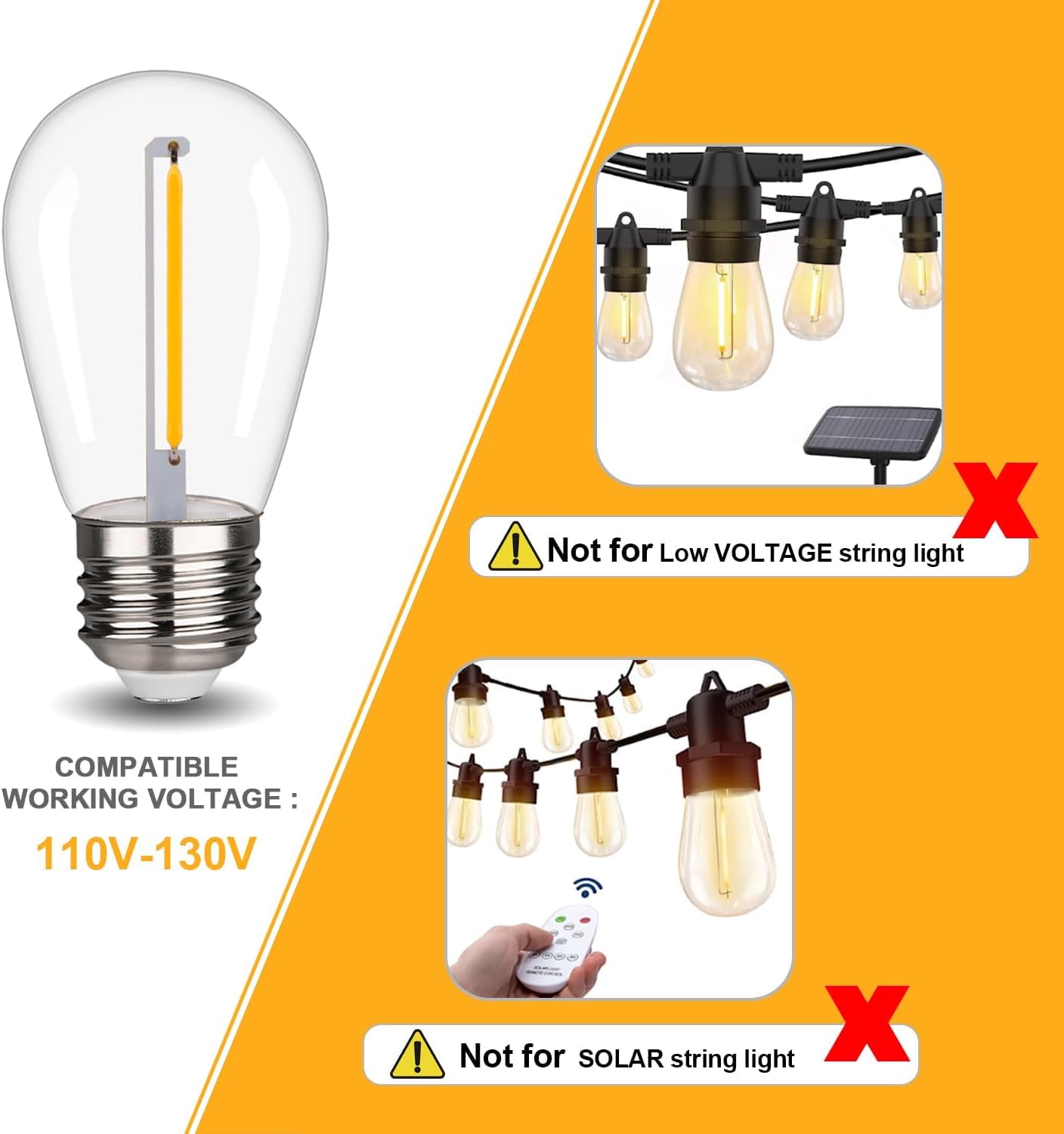 FUTIME S14 LED String Light Bulbs - 48 Pack, 1W Shatterproof & Waterproof, E26 Base, Warm White 2200K, Model JL003