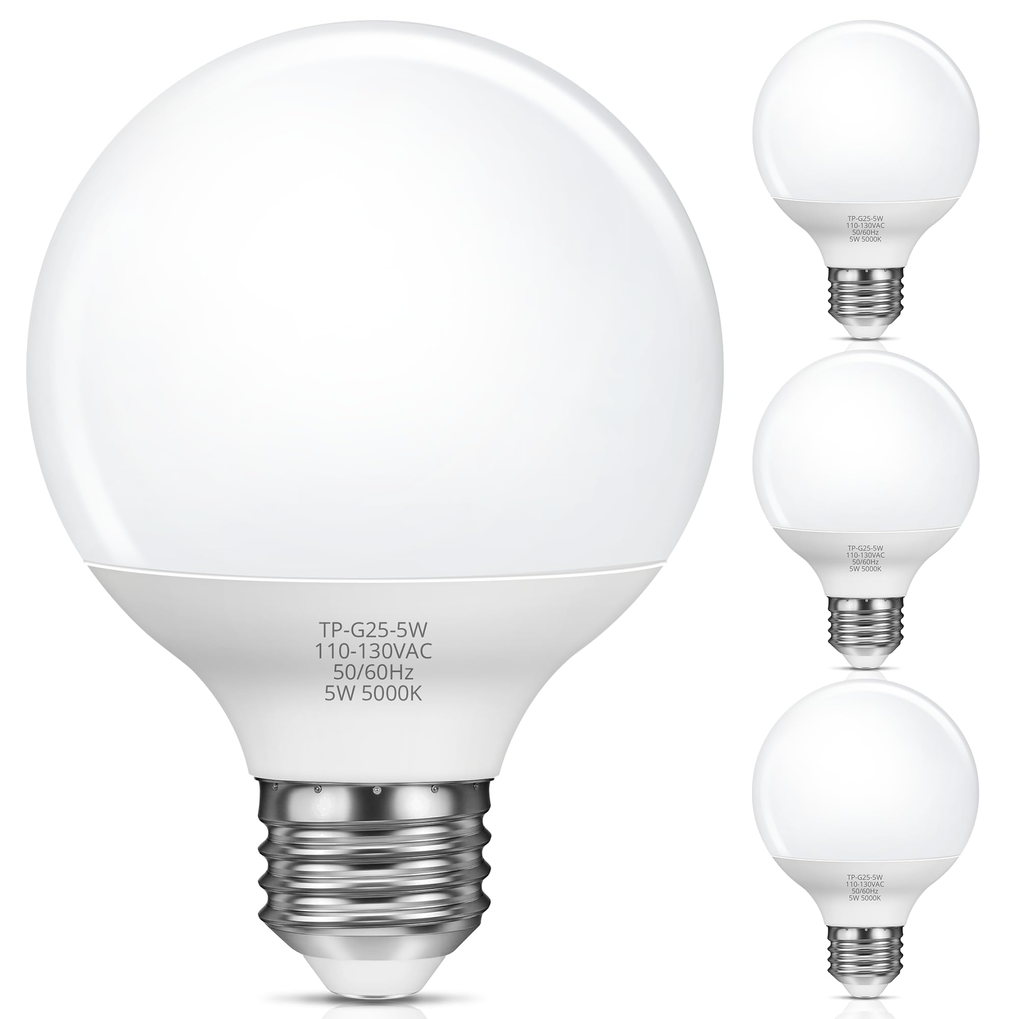 MAXvolador G25 LED Globe Light Bulbs 60W Equivalent  Daylight White 5000K Bathroom Vanity Round Bulb  500LM E26 LED for Makeup Mirror  Non-Dimmable 4 Pack