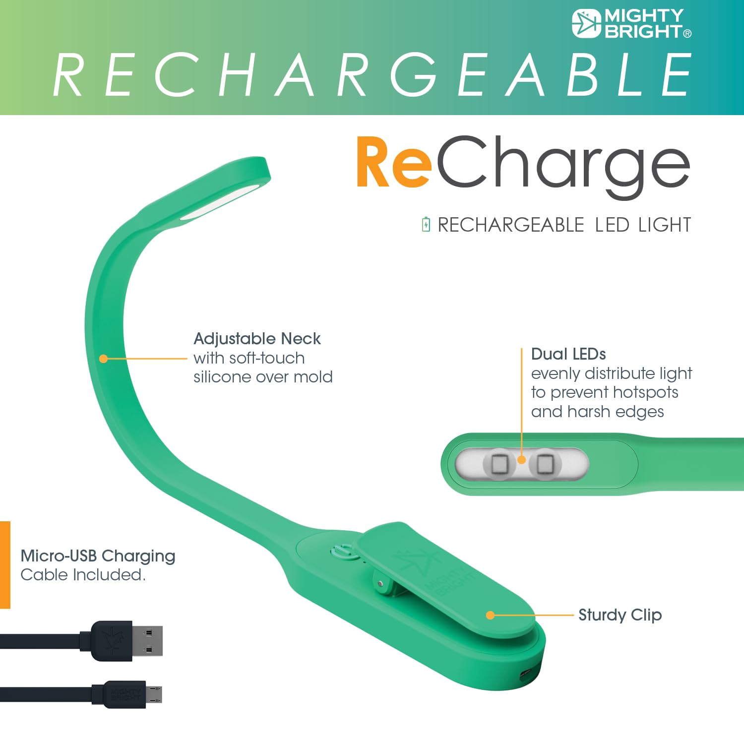 Mighty Bright Rechargeable Book Light - Warm LED, Flexible, Dimmable, Model 47014, Green