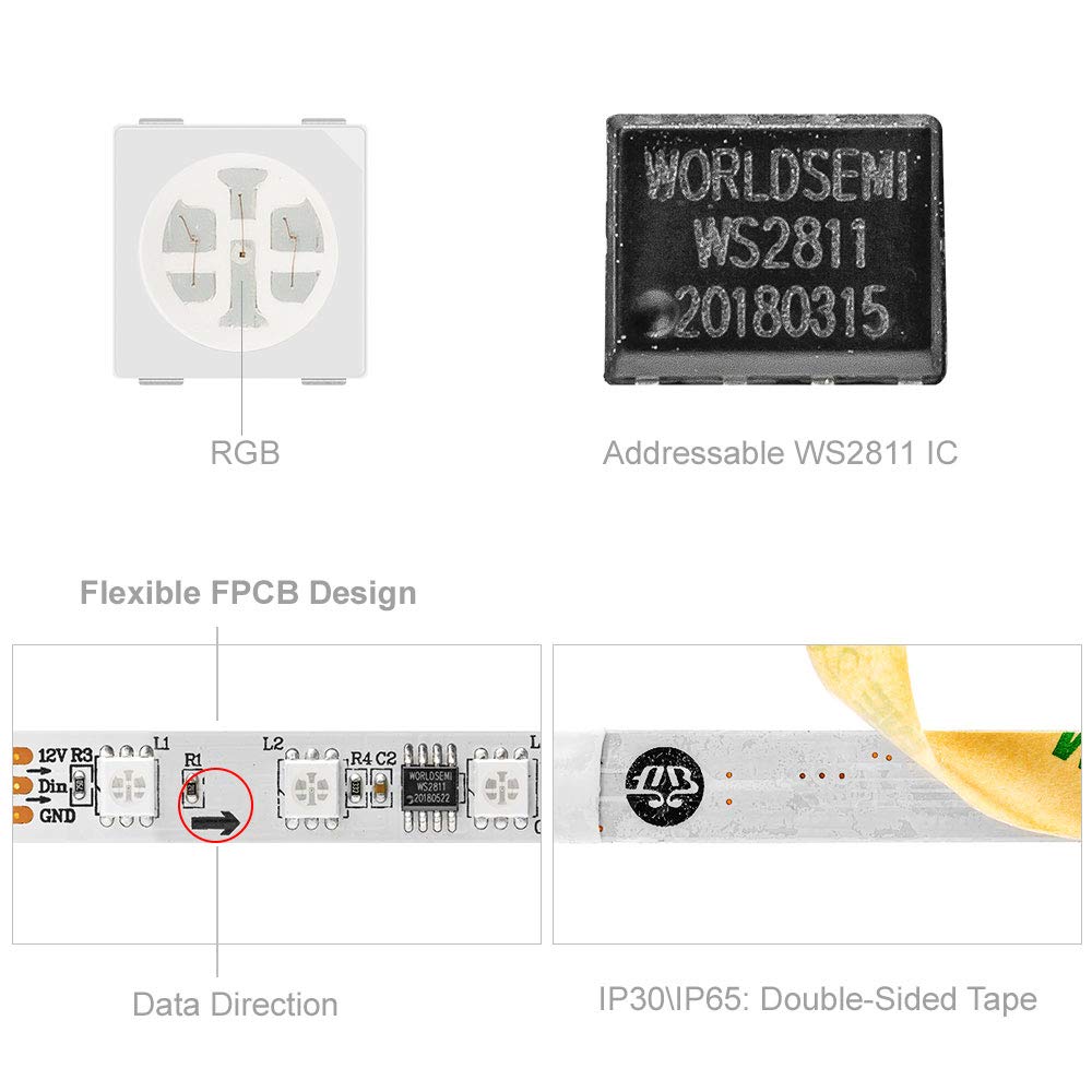 Btf-Lighting Ws2811 Ic=Rgb+Ic Addressable Dream Color Led Strip 16.4Ft 60Leds/M 20Pixels/M Non-Waterproof White Pcb Flexible Dc1