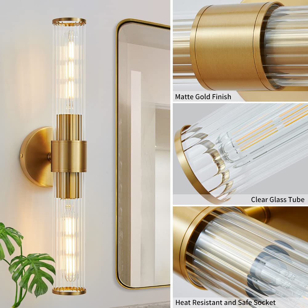 Vaziden Gold 2 Light Bathroom Vanity Lights, 20 Inch Threaded Glass Shade, Metal Wall Sconces for Mirror, 2 Pack, Model 3393-2P