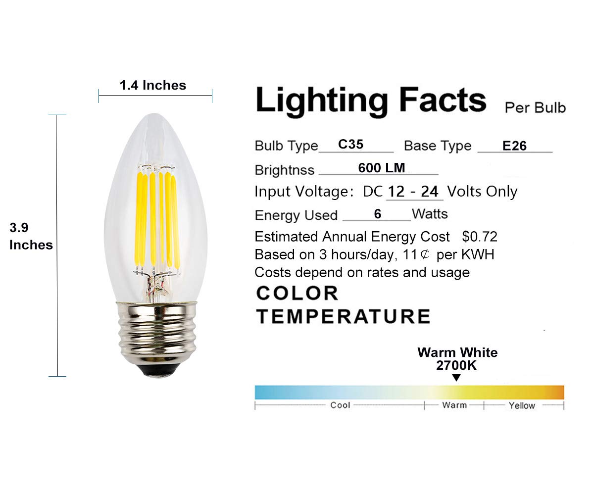 OPALRAY 6W LED Bulb, Dimmable, Warm White Light, E26 Base, Clear Glass, 12V-24V, 3-Pack, Model OPR-F