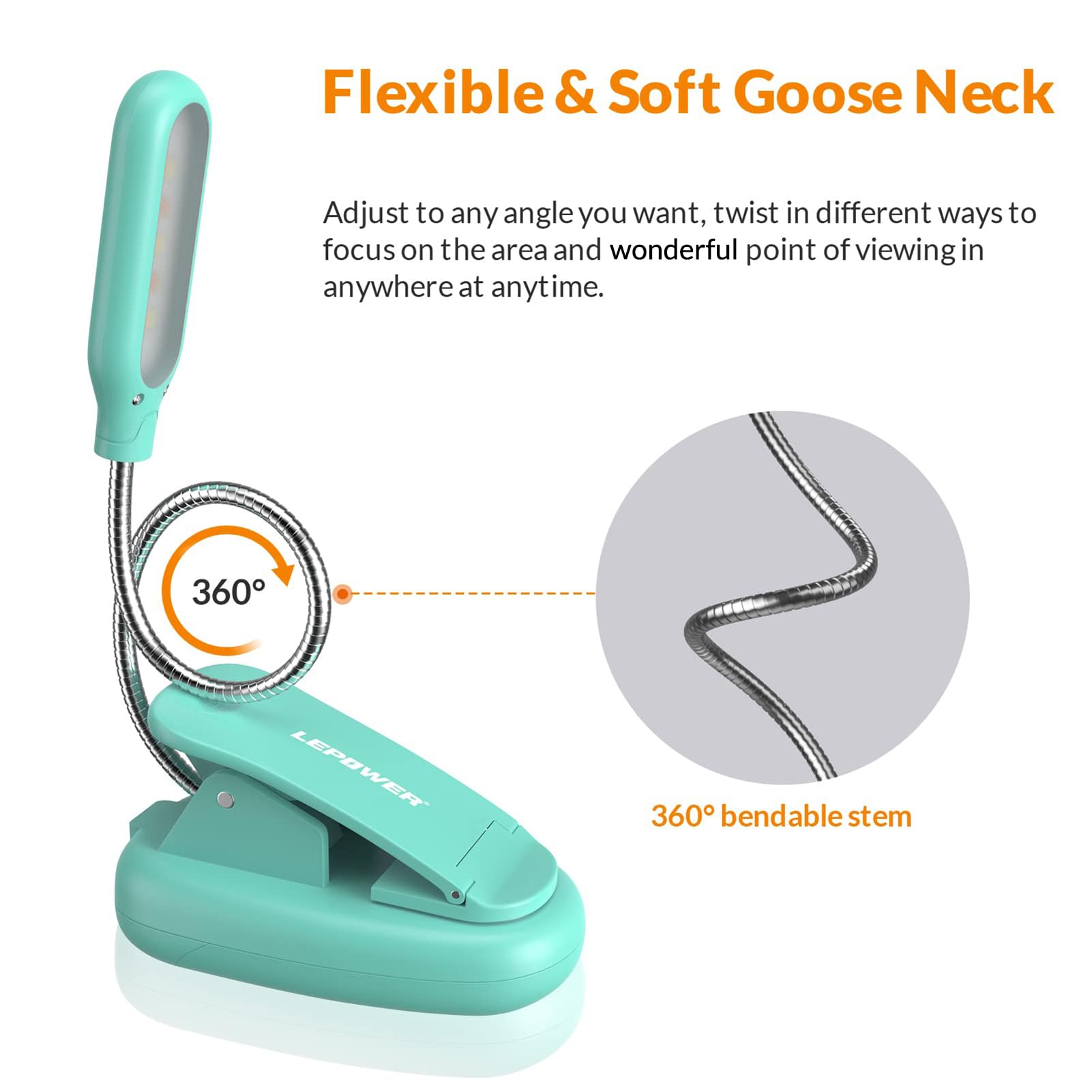 Lepower Clip On Book Light/Reading Light/Clip Lamp With 5 Led Eye Care, 3 Color Changeable, Portable Reading Lamp, Battery Opera