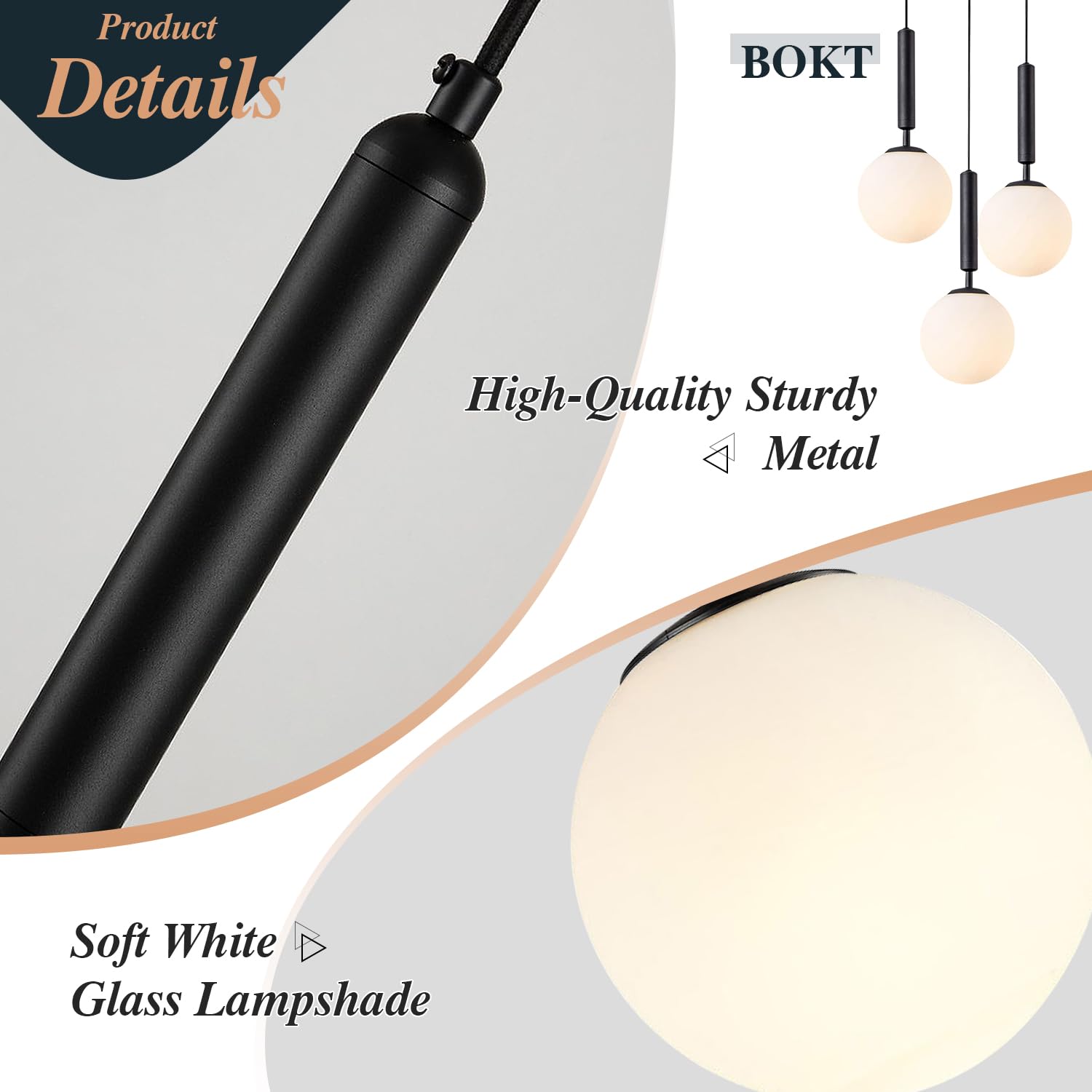 Bokt 3 Light Globe Cluster Pendant Light Modern Black Hanging Pendant Light Fixture White Milk Glass Vintage Farmhouse Pendant L