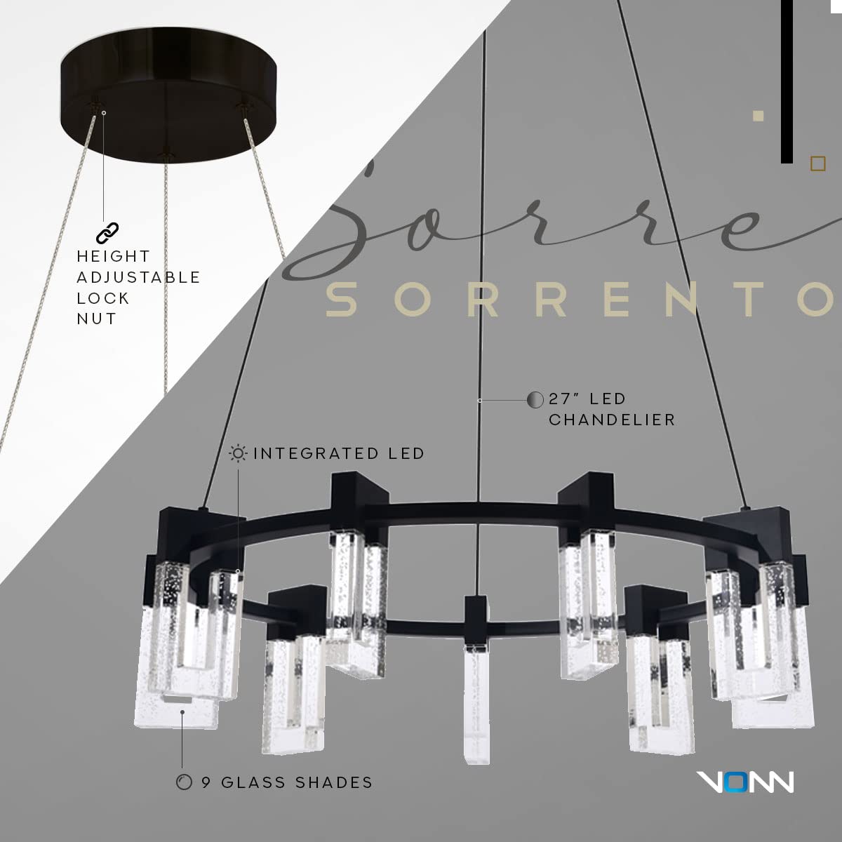Vonn Sorrento 27&quot; 9-Light Adjustable Black Led Chandelier - Etl Certified Pendant Lighting