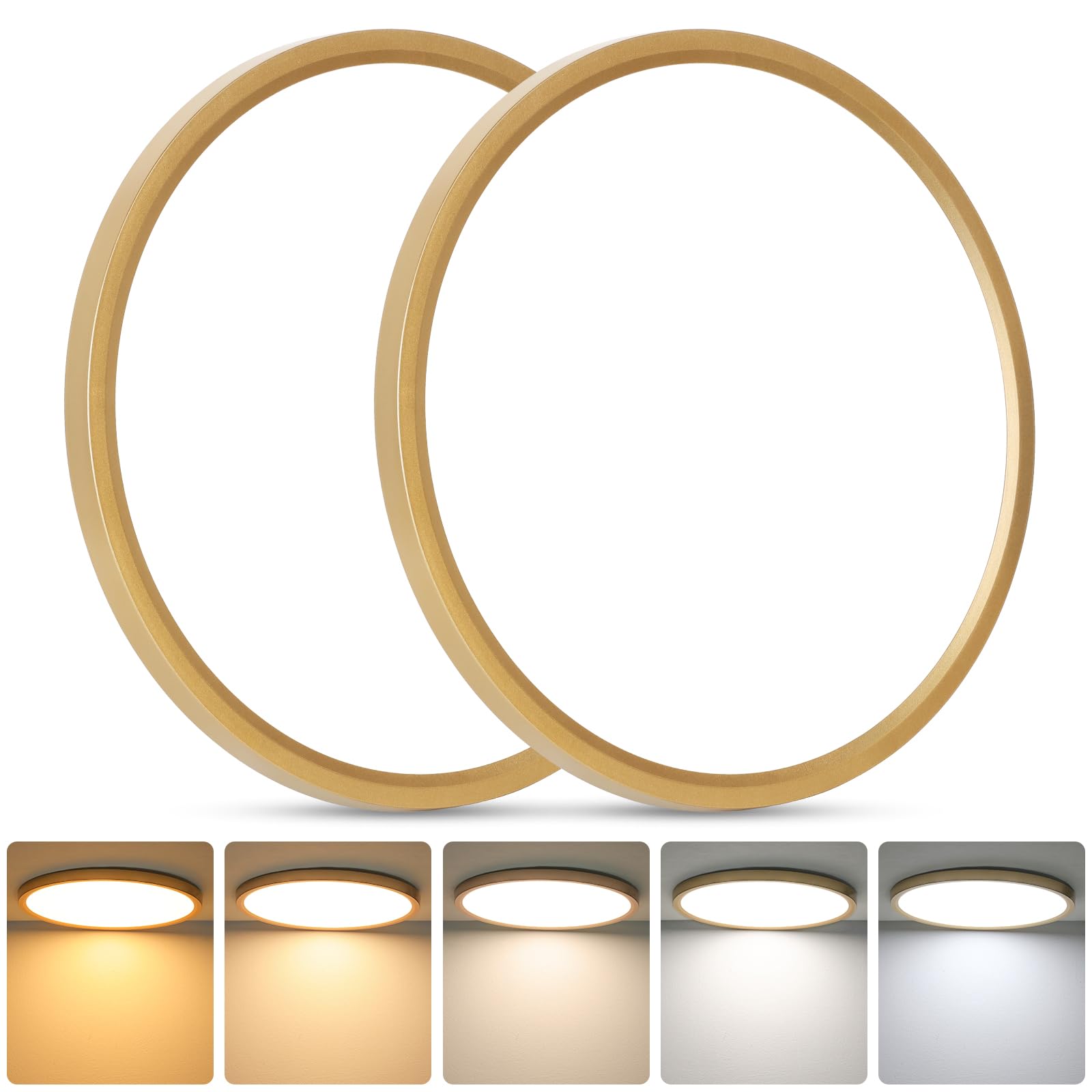 Brightever Gold Led Flush Mount Ceiling Light Fixture  12 Inch 24W  Super Slim 0.67 Inch 3200Lm Led Ceiling Lights  Dimmable & 2700K-6500K 5 Color In One Ceiling Lamp For Bedroom  Porch  2 Packs