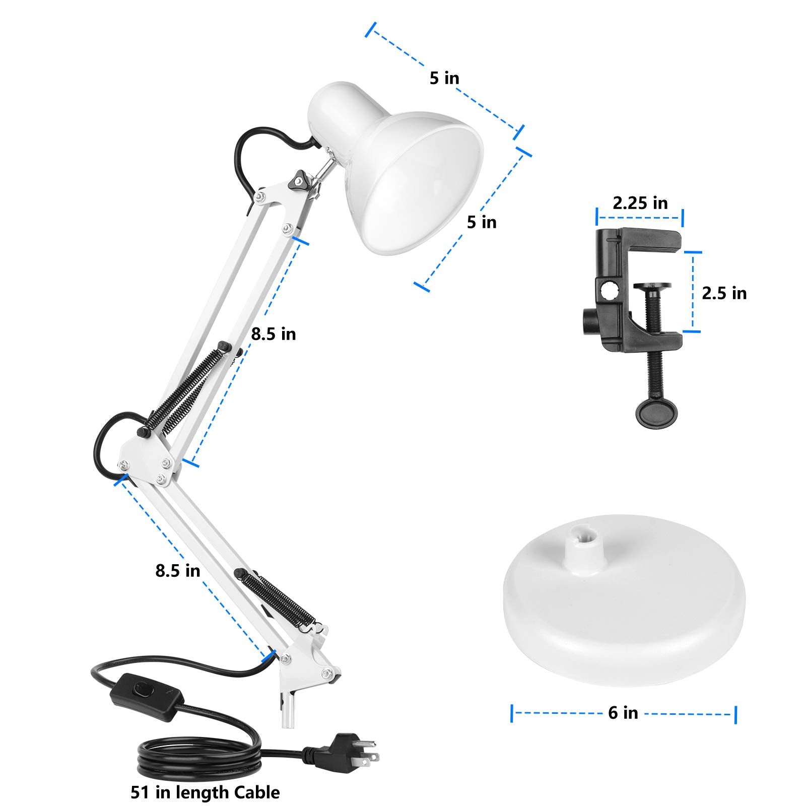 Ameritop Adjustable Metal Desk Lamp, Goose Neck Swing Arm, Eye-Caring, White
