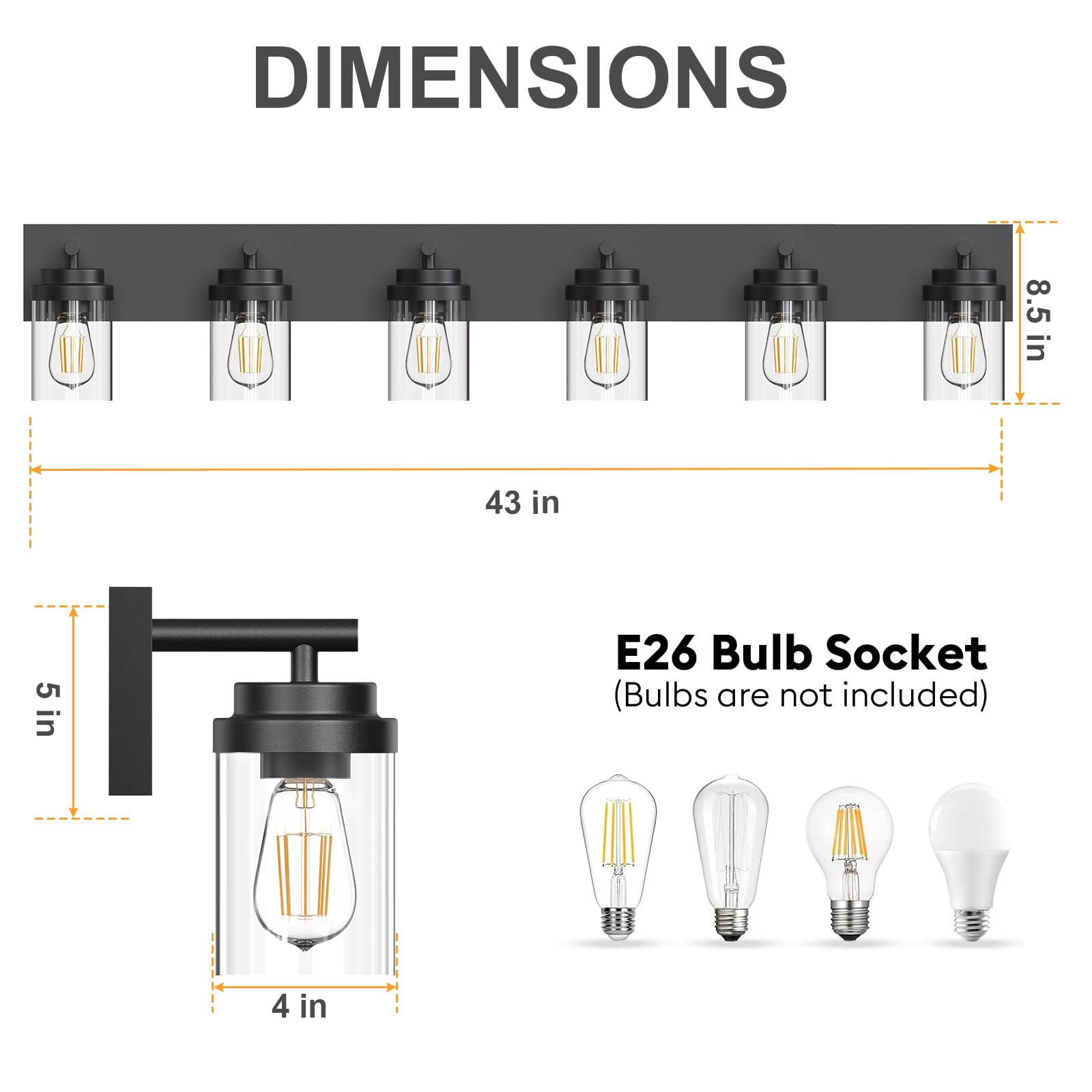 Izorro Bathroom Vanity Light Fixture  6-Light 43 Inch Matte Black Bathroom Light Fixtures Over Mirror  With Clear Glass Shade  Modern Farmhouse Vanity Lights  Rustic Restroom Lighting Fixtures