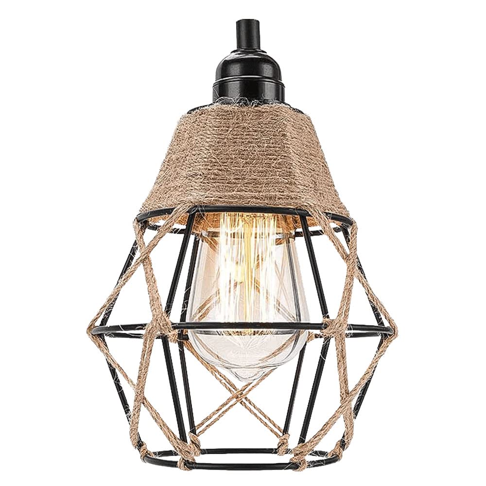 Vintage Boho Lamp Shades - Rustic Industrial Woven Pendant Light Wall Sconces Lampshade - Metal Bulb Guard Cage for Hanging Pend
