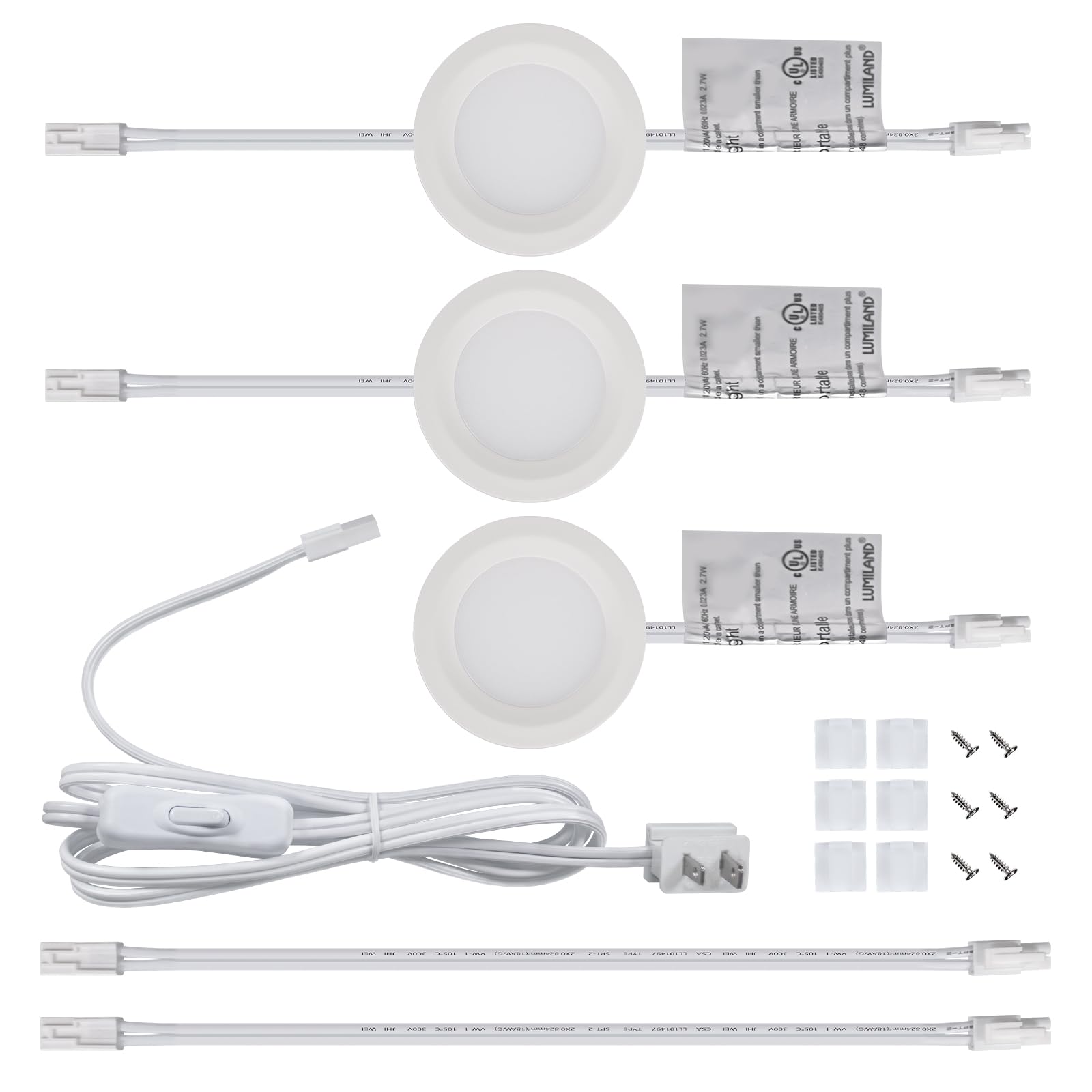 Lumiland Wired Led Puck Lights (2.7Wx3) Plug-In Lighting Natural White (4000K)  Led Cabinet Light For Kitchen Can Be Surface Mount Or Recess Mount  White