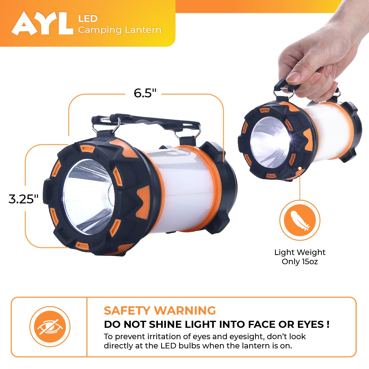 AYL LED Camping Lantern 1000 Lumens Rechargeable Flashlight IPX4 Waterproof Orange Model AYL500 for Emergency and Outdoor Use
