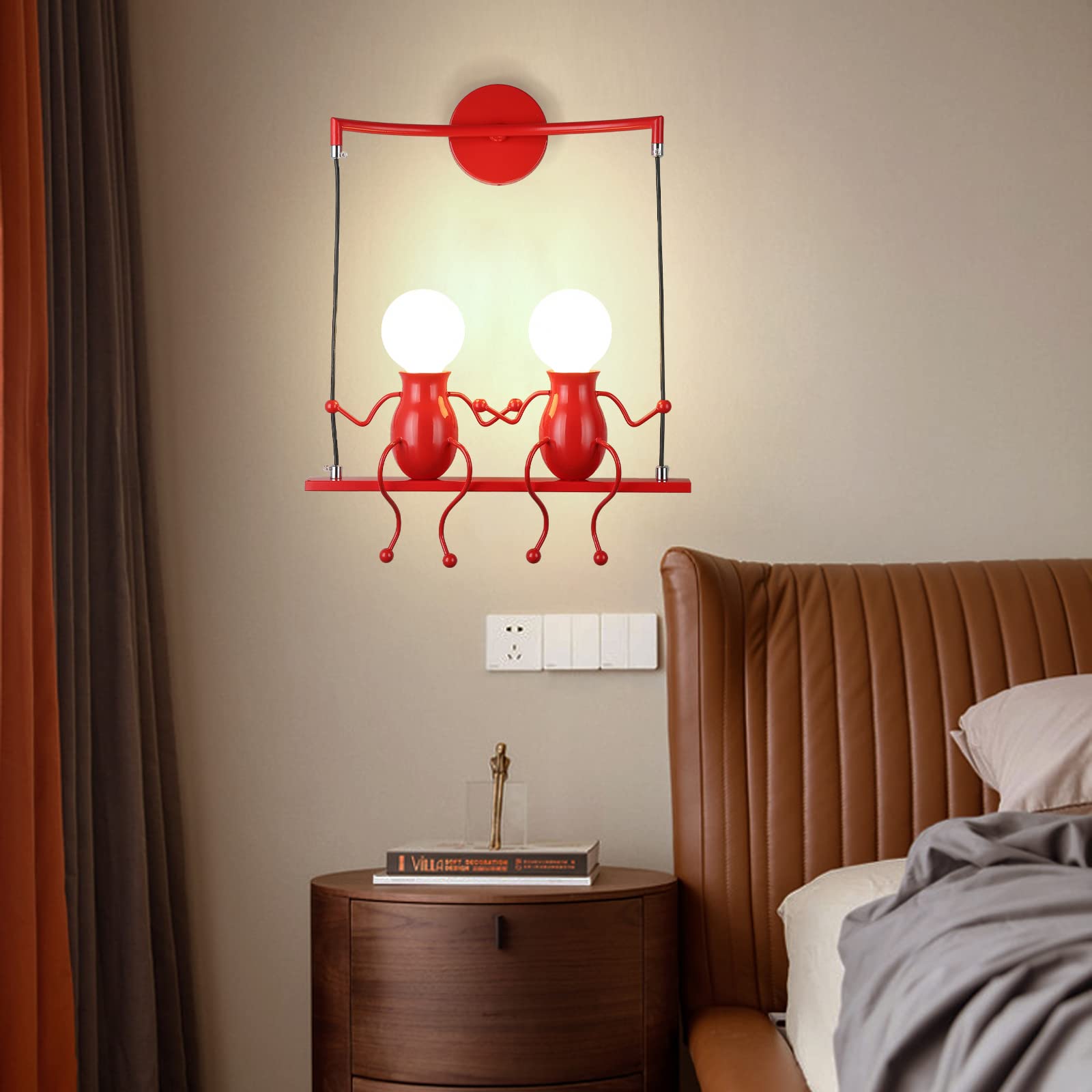 Wall Light Fixtures Indoor Creative LED Lights for Bedroom Cartoon Double Little People Swing Wall Lamp Mini Doll Wall Sconces C