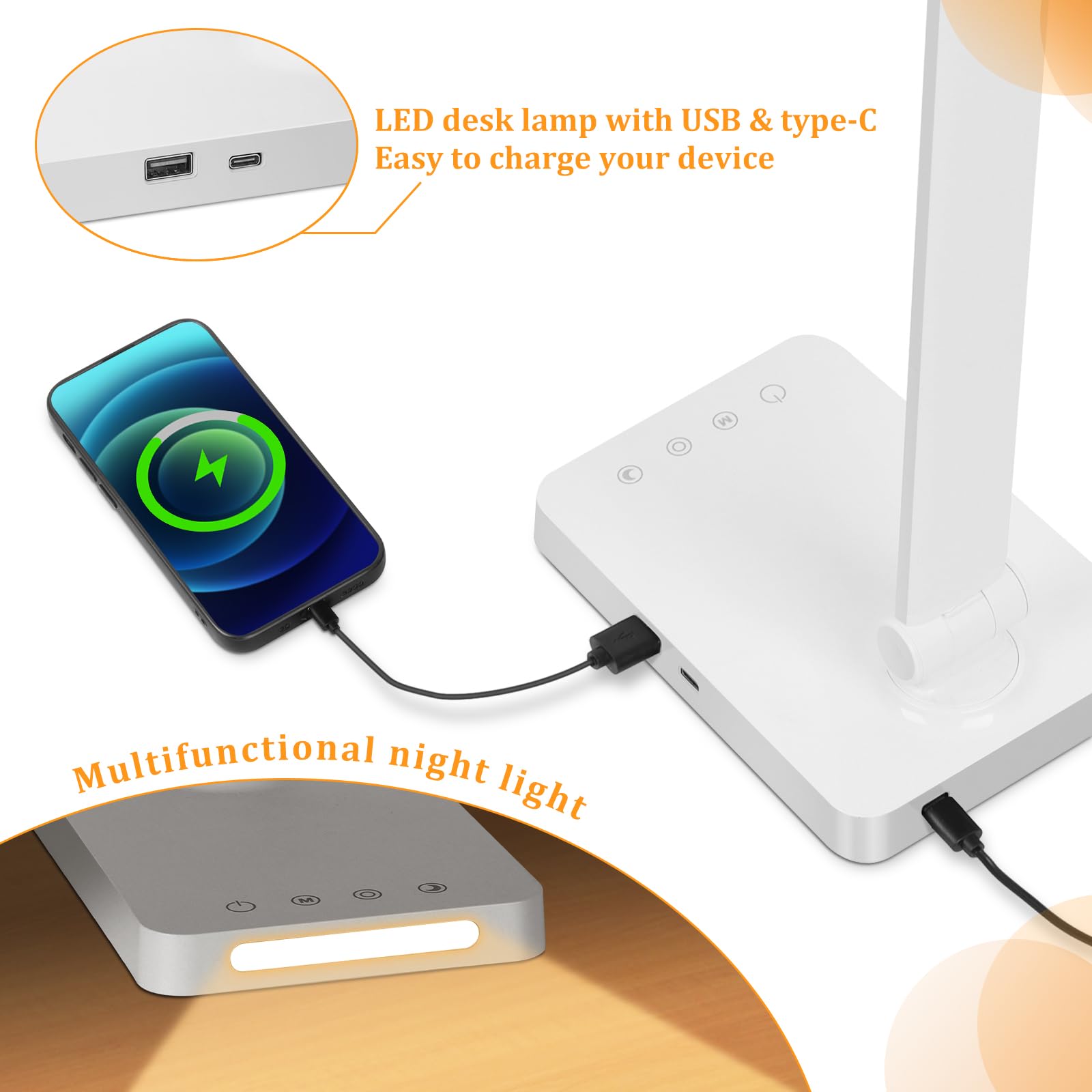 Dott Arts Led Desk Lamp With Usb Ports,Touch Desk Lamps For Home Office With 5 Color Modes,3 Brightness Desk Light With Small Night Light,Reading Lamp Table Led Lamp For Bedroom Bedsid Study White