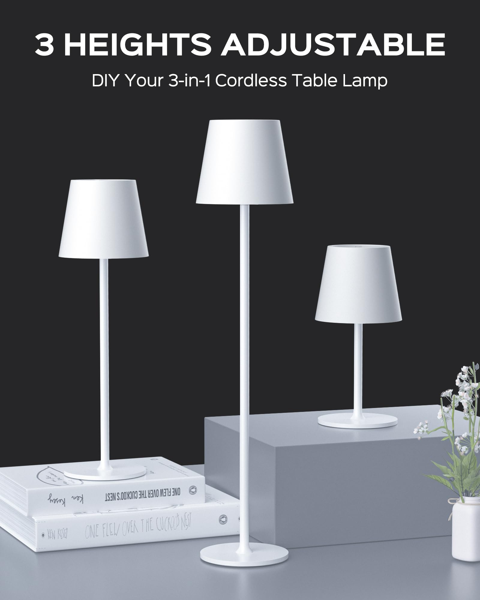 JACKYLED Cordless Table Lamps, Rechargeable 5000mAh Battery, 3 Adjustable Heights, LED Waterproof, 2 Pack, White