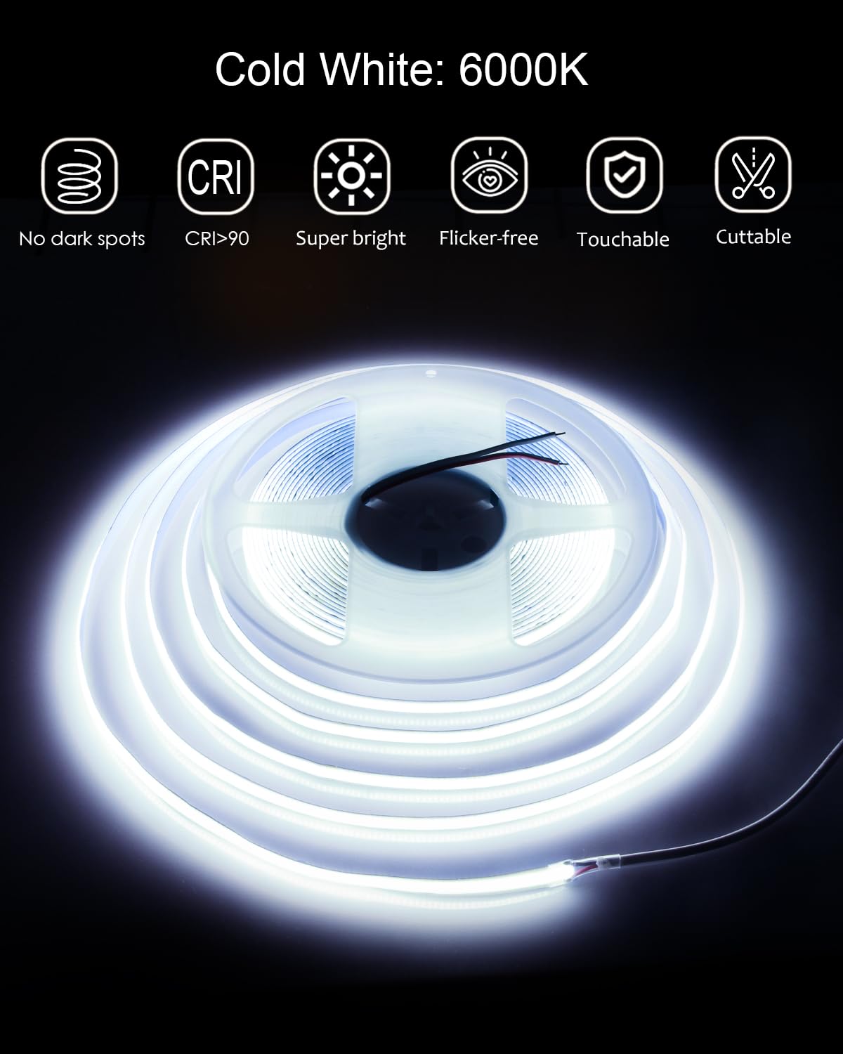 ALITOVE 32.8ft COB LED Light Strip 6500K Daylight White 24V Flexible Tape Light 480 LEDs/M IP20 for Home & Office Decor