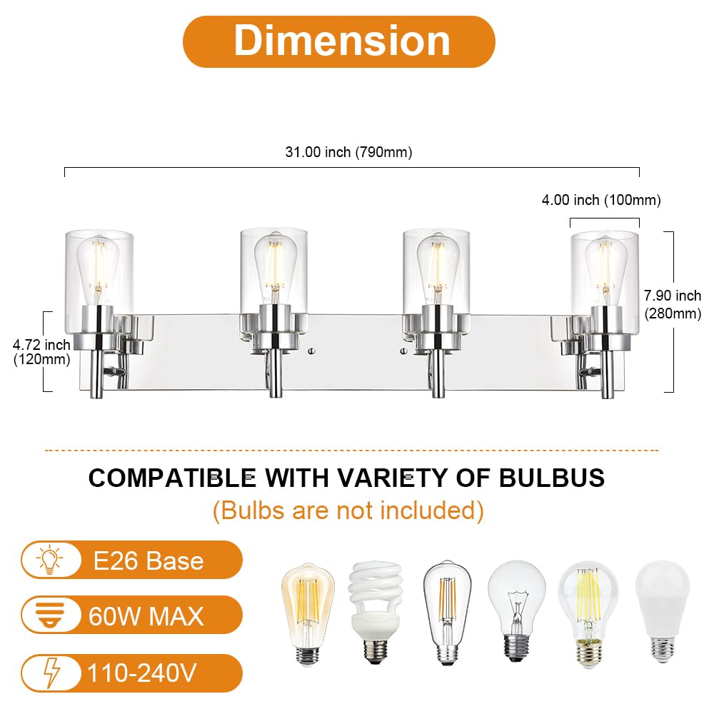 Vinluz Modern Bathroom Lighting With Clear Glass Shade 4-Light Vanity Light Fixtures Chrome Finished Industrial Wall Light Sconc