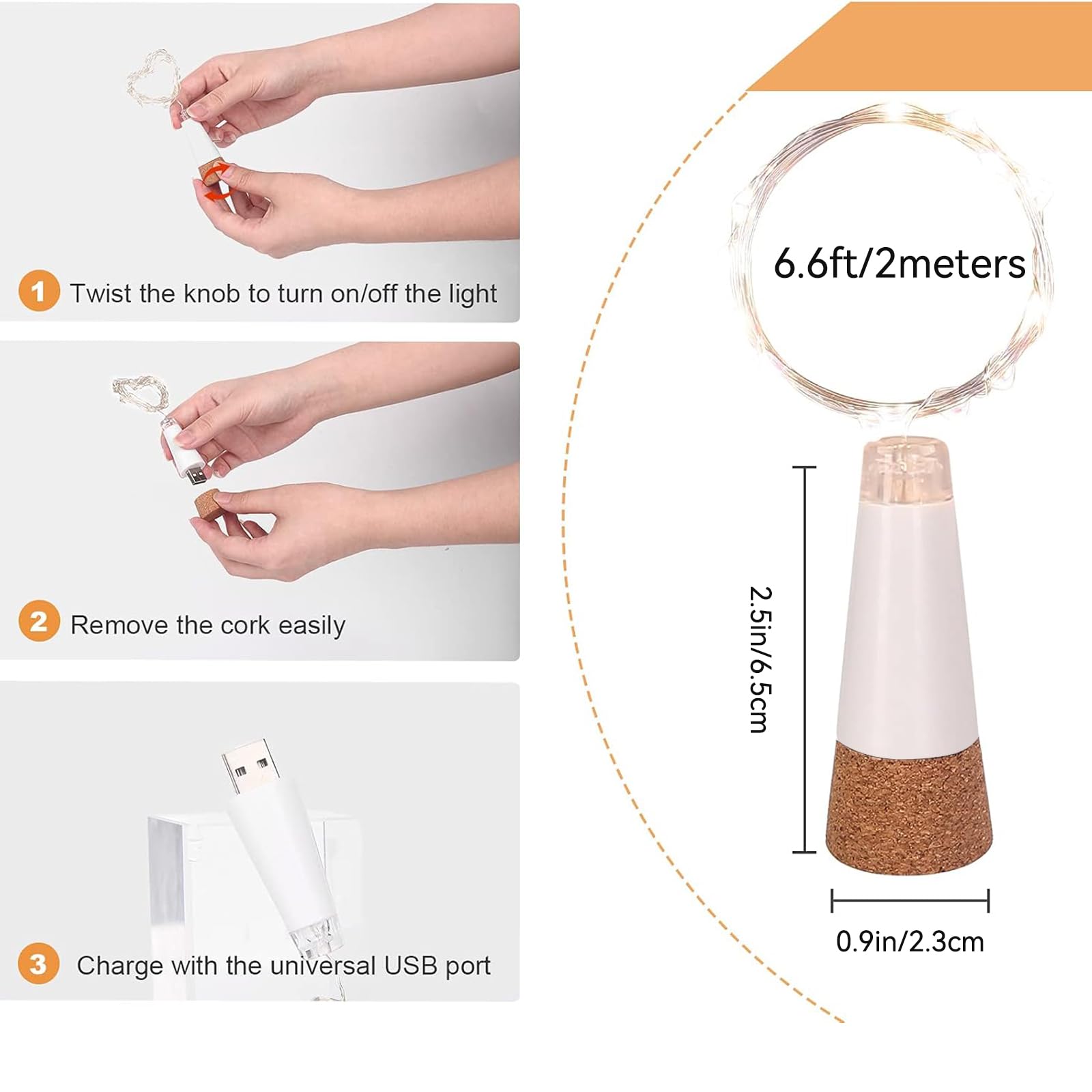 leegoal LED Cork Bottle Lights, Waterproof USB Fairy Lights, 20 LEDs, 3 Pack, Multicolor, Model: bottle lights001