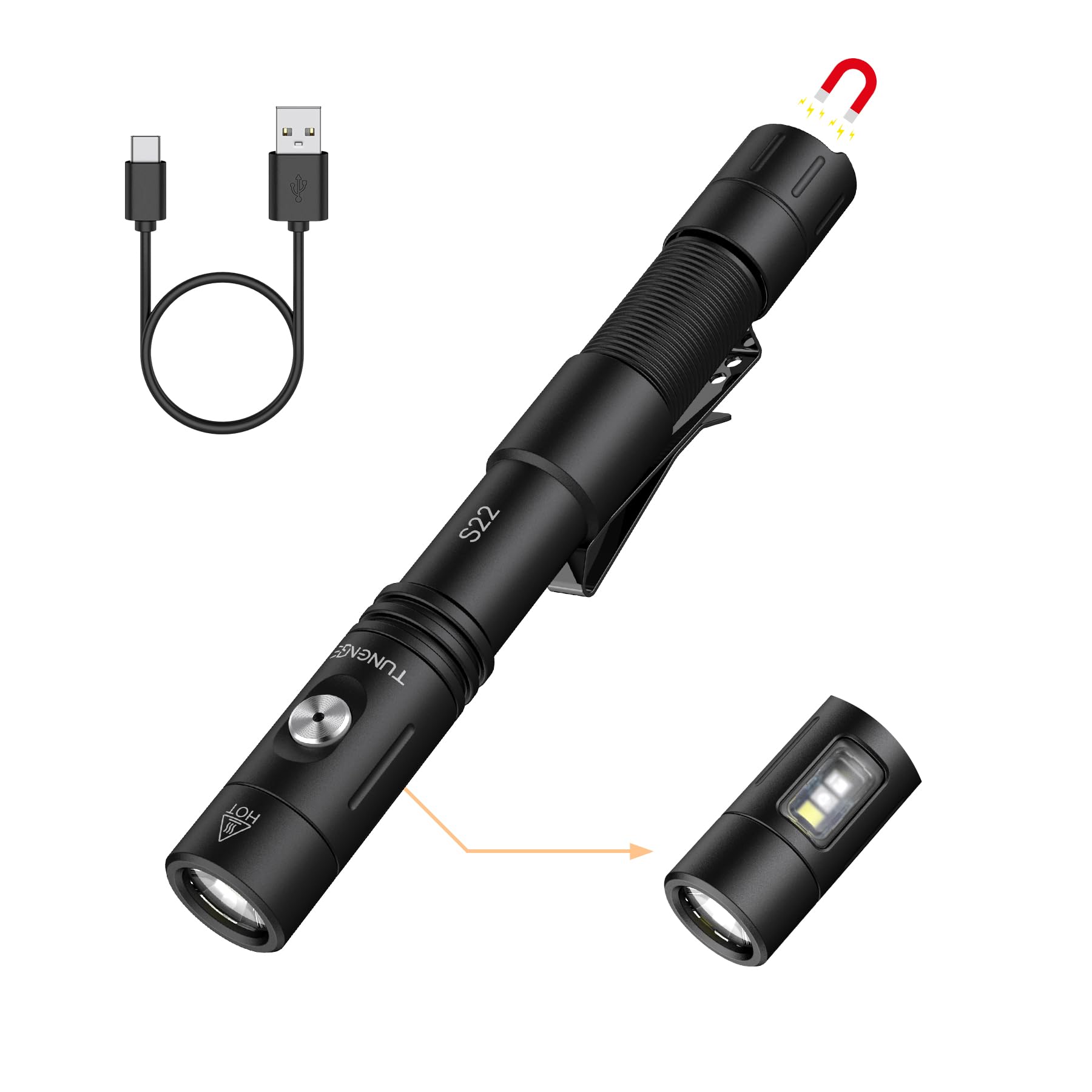 TUNENGE S22 1200 Lumens EDC Tactical Flashlight  Rechargeable 2AA Pen Light with COB Side Light & 365nm UV  11 Modes  Magnetic Tail  Dual Switch for Camping Home  Emergency