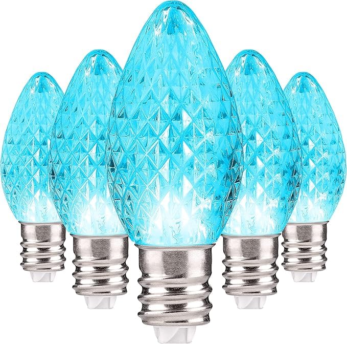 Holiday Lighting Outlet Faceted C7 Christmas Lights | Teal Led Light Bulbs Holiday Decoration | Warm Christmas Decor For Indoor & Outdoor Use | 2 Smd Leds In Each Light Bulb | Set Of 25