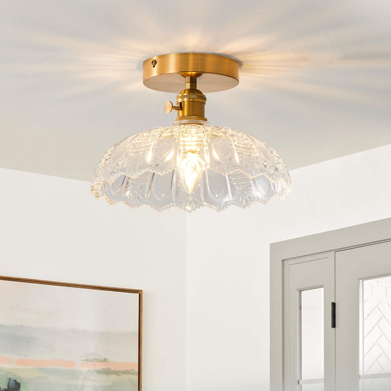 Bcgmyln Semi Flush Mount Ceiling Light, Gold Vintage Hallway Light Fixture With Clear Water Lily Glass Lampshade Brass Modern Ce