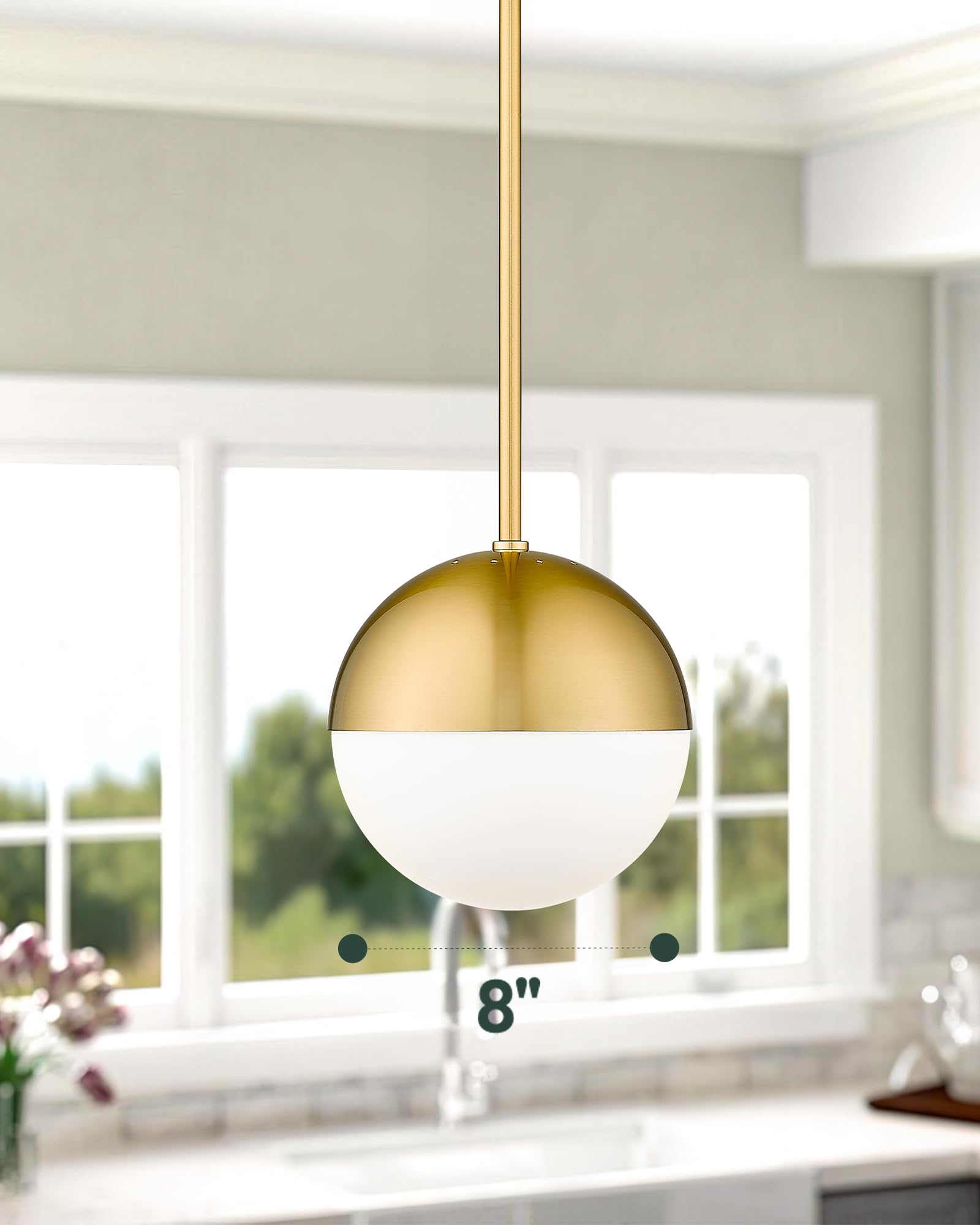 LMS Modern Gold Globe Pendant Light Fixture, 8" Glass Chandelier, Adjustable Indoor Lighting for Kitchen Island, Model LMS-187