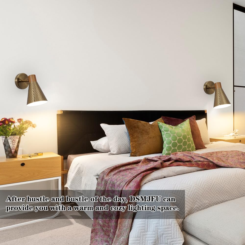 Dsmjfu Gold Wall Sconces Set Of Two, Vintage Rotateable Wall Light Set Of 2, Bedside Sconces Wall Lamp With Hammered Metal Shade, Modern Brass Wood Sconce Wall Lighting For Bedroom Living Room Hallway