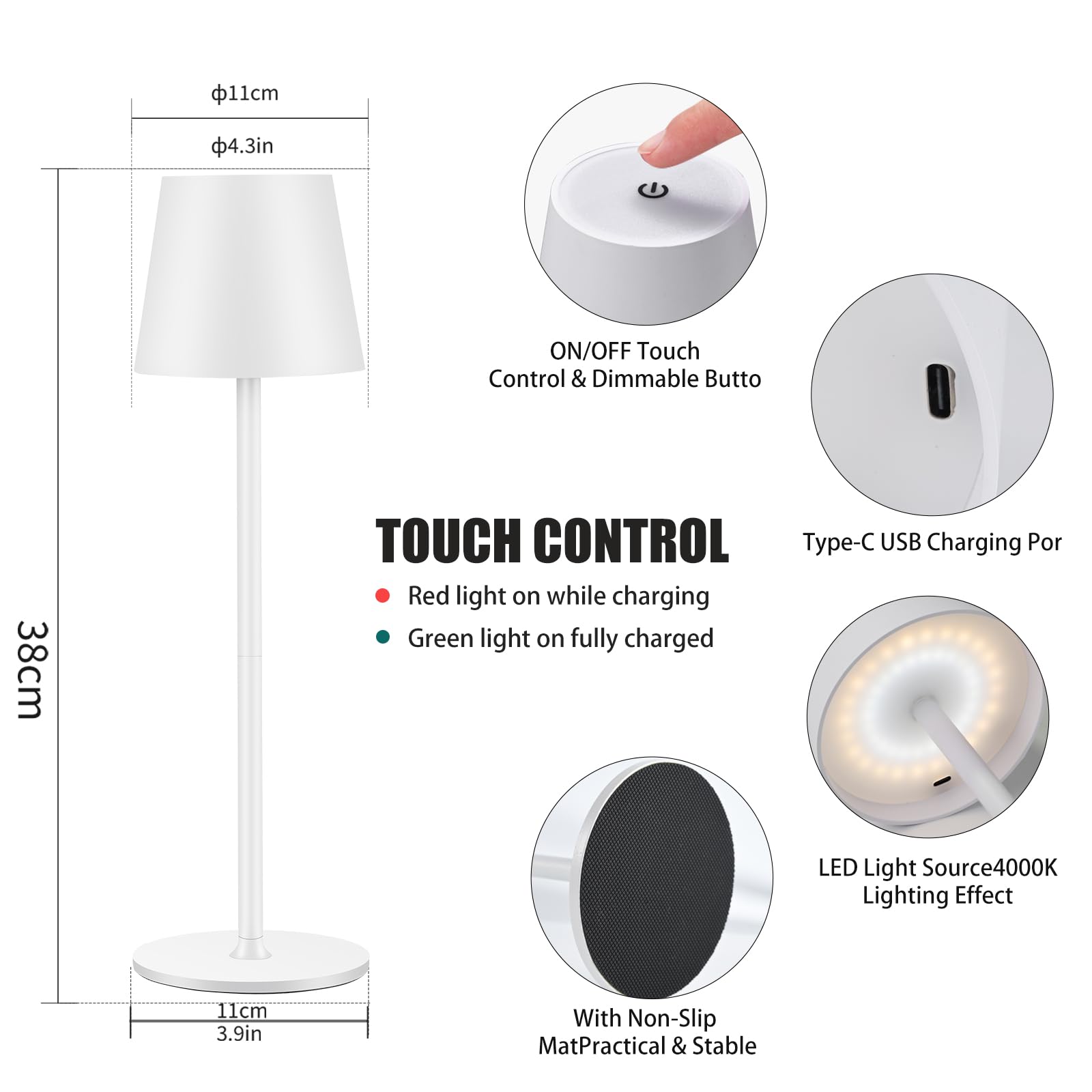 Zoeger Cordless Table Lamp, Portable LED, 6000mAh Battery, 3 Color Dimming, 13 inches, White, Model DD2White