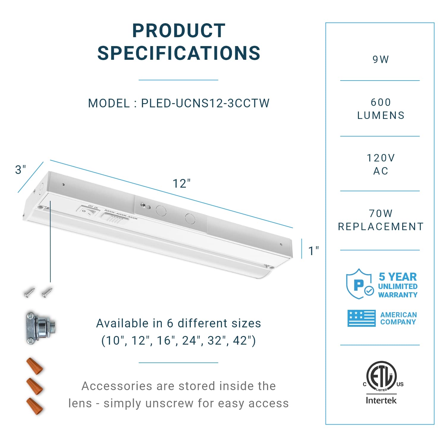 Parmida LED Under Cabinet Lighting, 12 Inch, 9W, Dimmable, 3CCT Color Selectable, ETL Listed, White Finish, Model PLED-UCNS12
