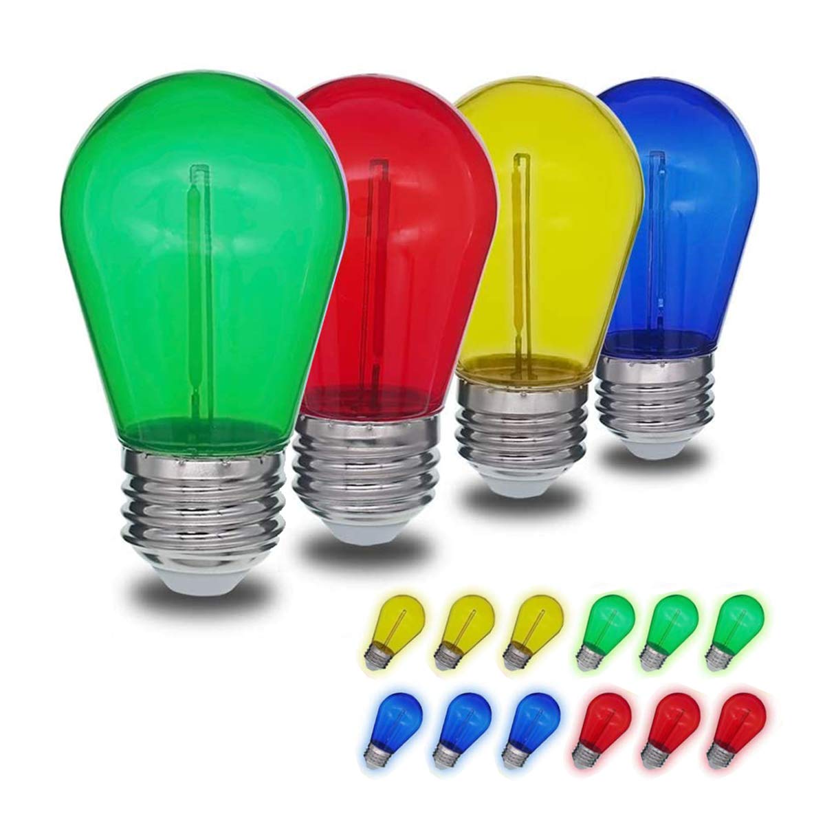 Jslinter LED String Light Bulbs - 1W Shatterproof S14 - 16 Pack - Multi-Colored - E26 Base - Indoor/Outdoor