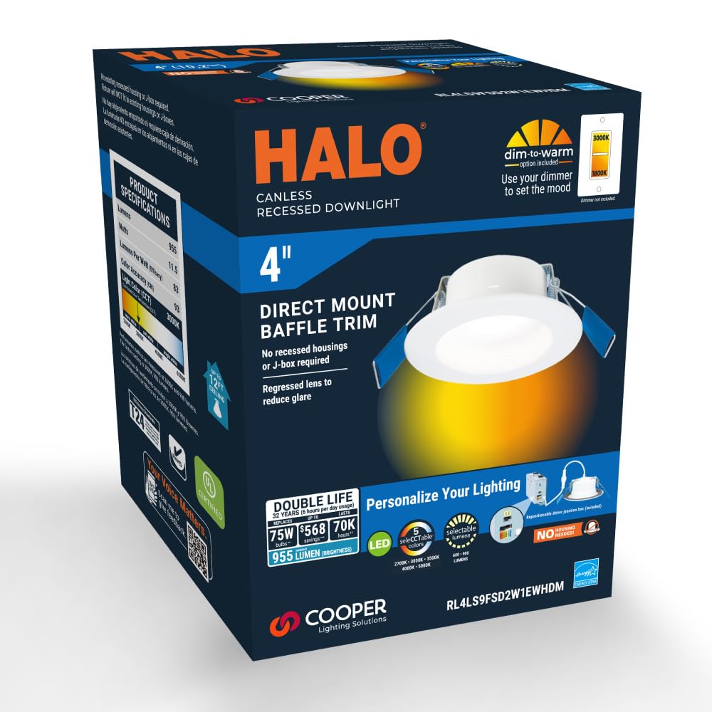 HALO LED Recessed Downlight 4 inch, 600/900 Lumens, 5CCT (2700K-5000K), Dim to Warm, Aluminum, Model RL4