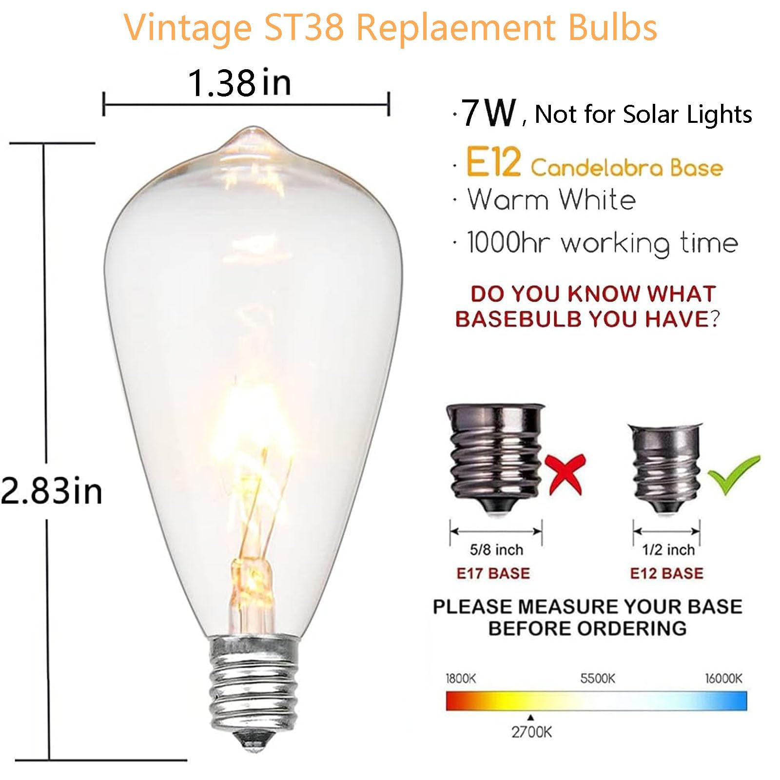 Jasneniebo 10-Pack Edison Replacement Bulbs, 7W E12/C7 ST38 Clear Glass for Outdoor String Lights