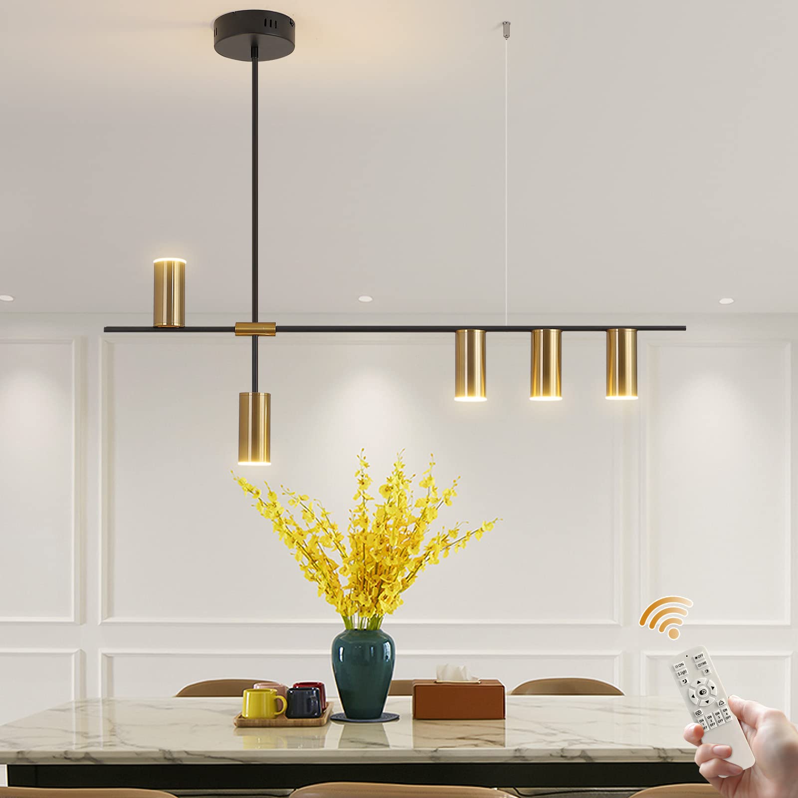 Siittoo Dimmable LED Pendant Light Chandelier, 39IN Adjustable Linear, Black & Gold, Model FM7344