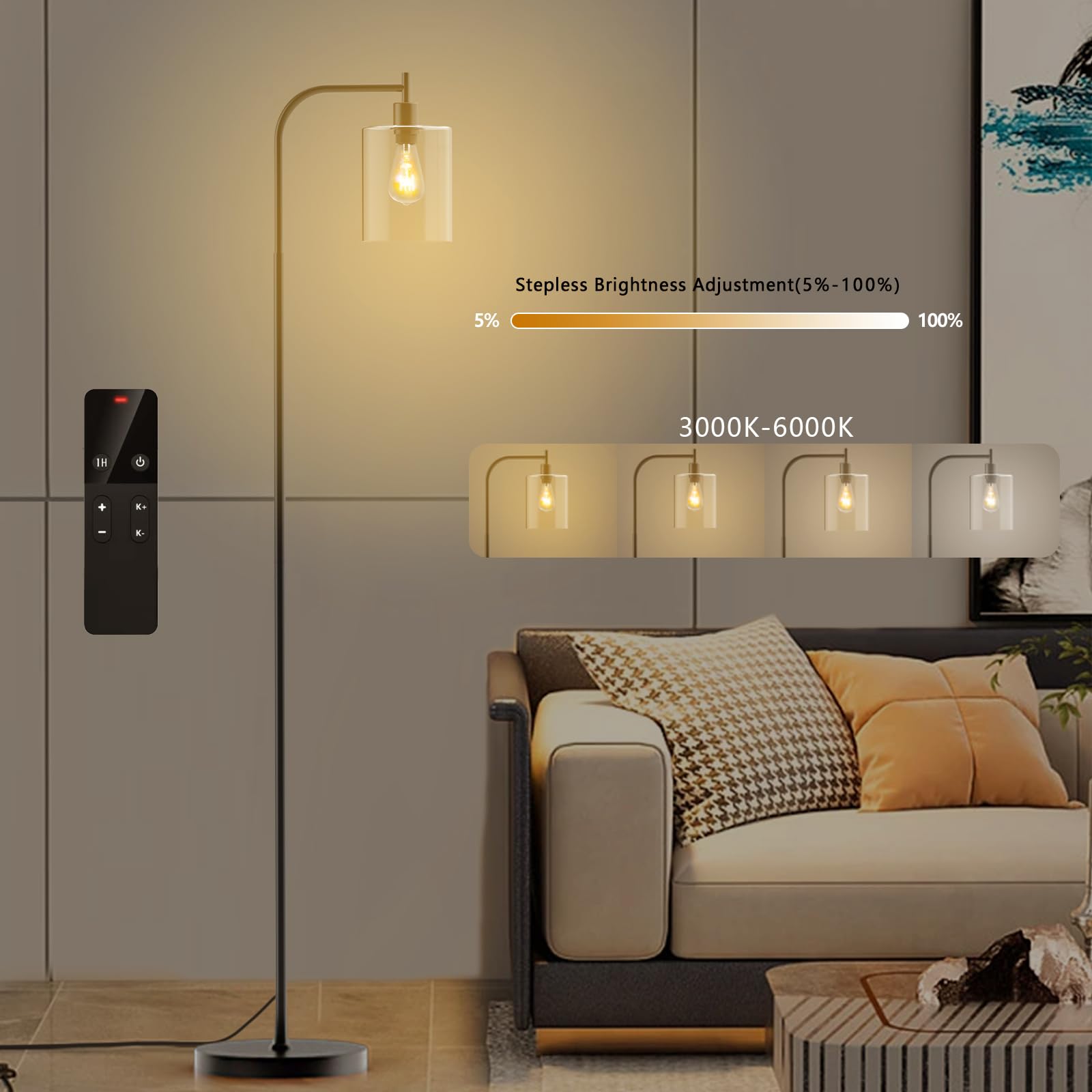 Wio-Mio Dimmable Industrial Floor Lamp with Glass Shade, Tall Black Lamp for Living Room, Bedroom, Office - Model MF19334