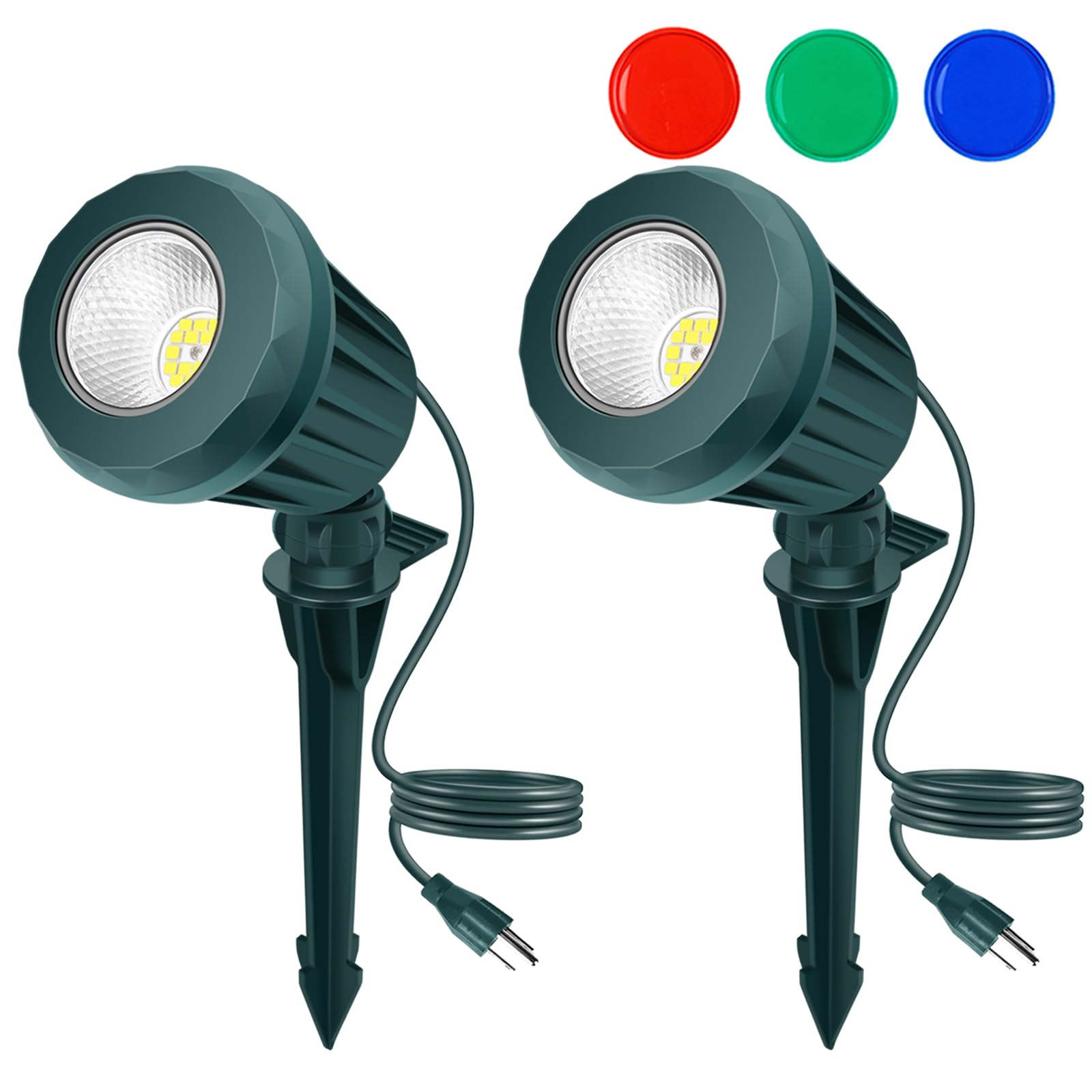 Holeva Spotlight Outdoor, 2700K Warm White Led Landscape Spot Lights With Rgb 3 Multicolor Lenses, Ip67 Waterproof, 120V Plug-In For Holiday & Everyday Decor In Yard Garden Lawn Tree(2 Pack, Green)