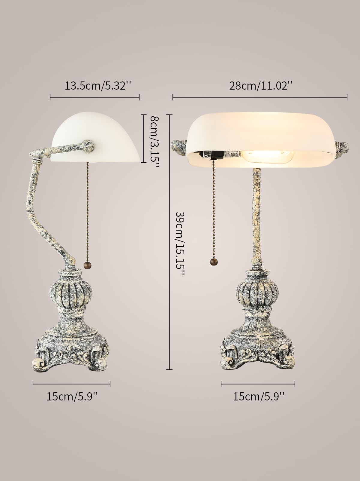 Newrays Retro White Matted Glass Bankers Desk Lamp For Home Office,Library With Pull Chain Switch Plug In Fixture, Led Bulb Incl
