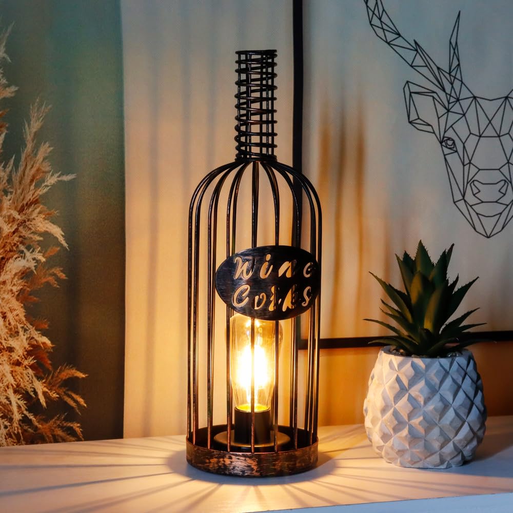Jhy Design Decorative Table Lamp Battery Powered 13.5”H Cordless Metal Wine Cork Holder Lamp With 6-Hour Timer For Tabletop Home Patio Dining Room Living Room(Black Brushed Gold)