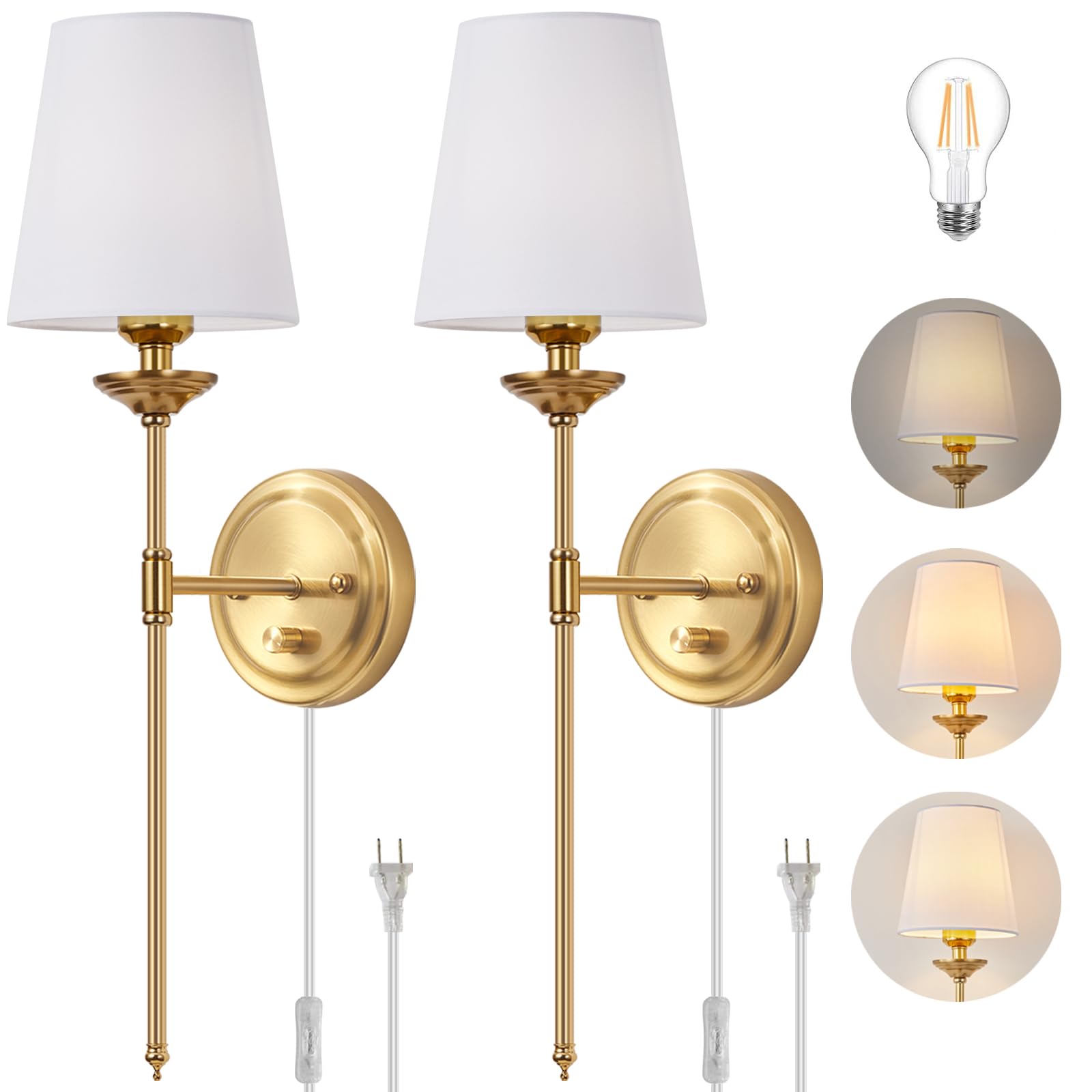 femusytt Dimmable Wall Sconces Set of Two, 6.5FT Cord, Brushed Brass, Mid Century Modern, Plug in/Hardwire, Gold, Model FE-MUS