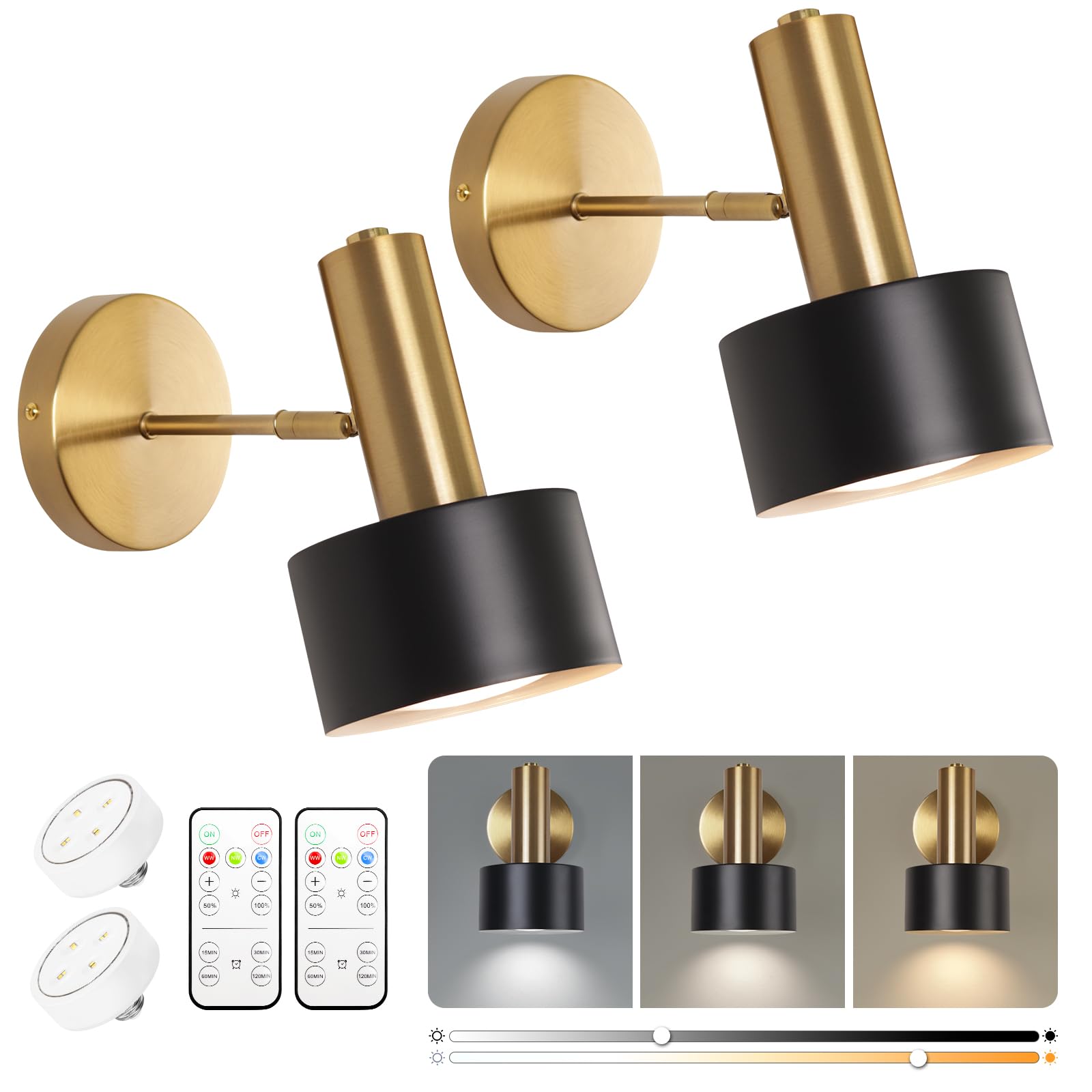 KELUOLY Battery Operated Wall Sconces Set of 2, Modern Wireless Black Wall Lights Fixtures,Cordless Wall lamp with Memory Functi