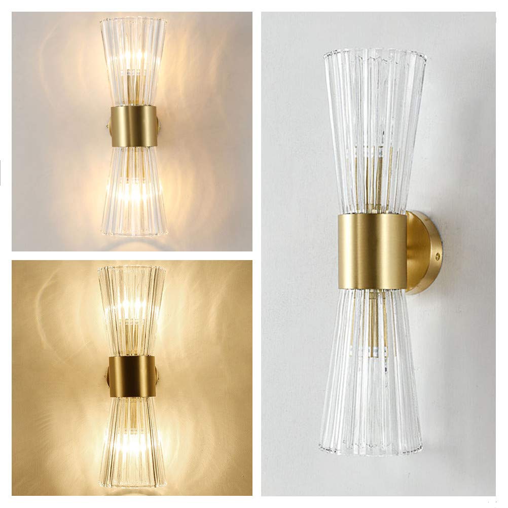 EFINEHOME Mid-Century Modern Gold Wall Sconce - 2-Light Crystal Glass Shade Vanity Lamp, Umbrella Size, Model L20-3002WB