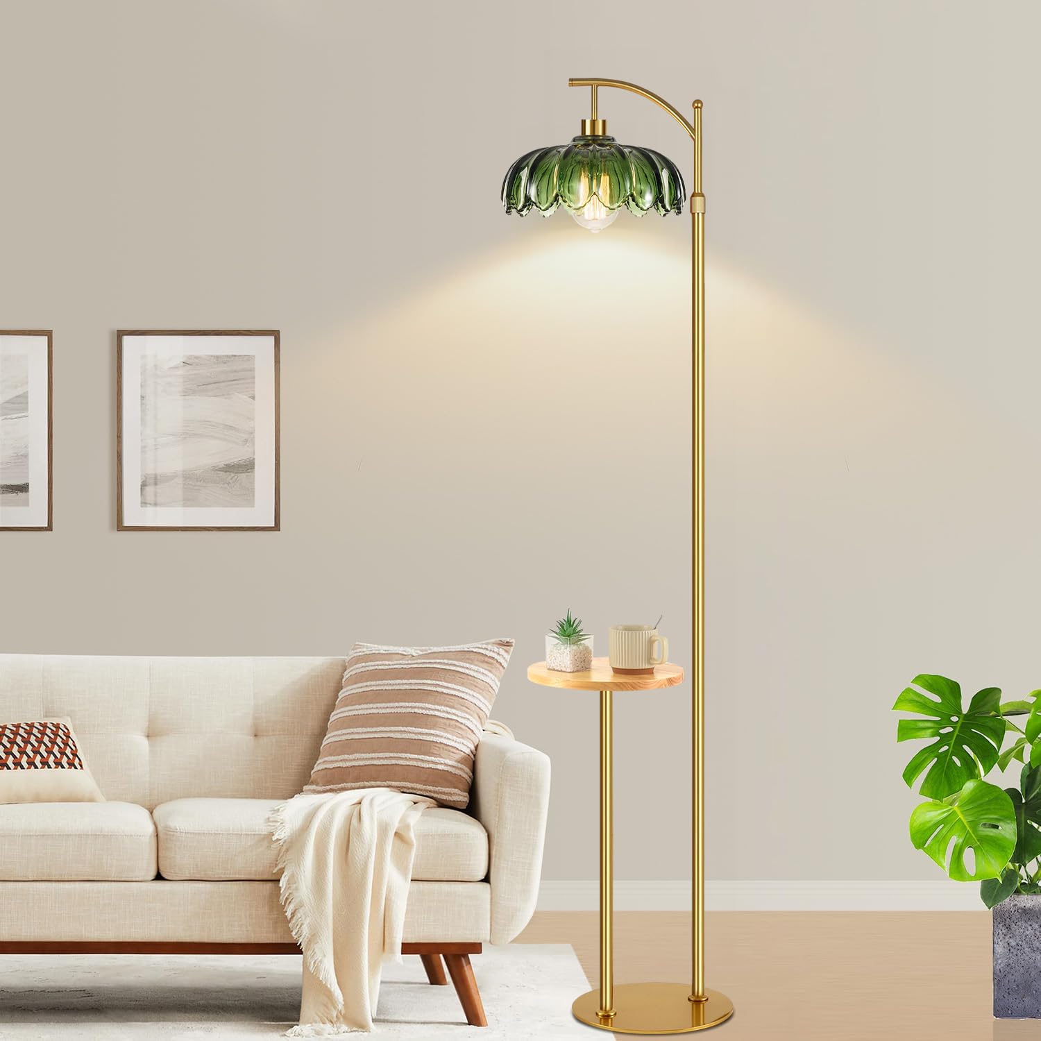 ZECOXOL Arc Floor Lamp with Table & Shelves, Gold-green, Dimmable, Remote Control, 10.2" Model 001