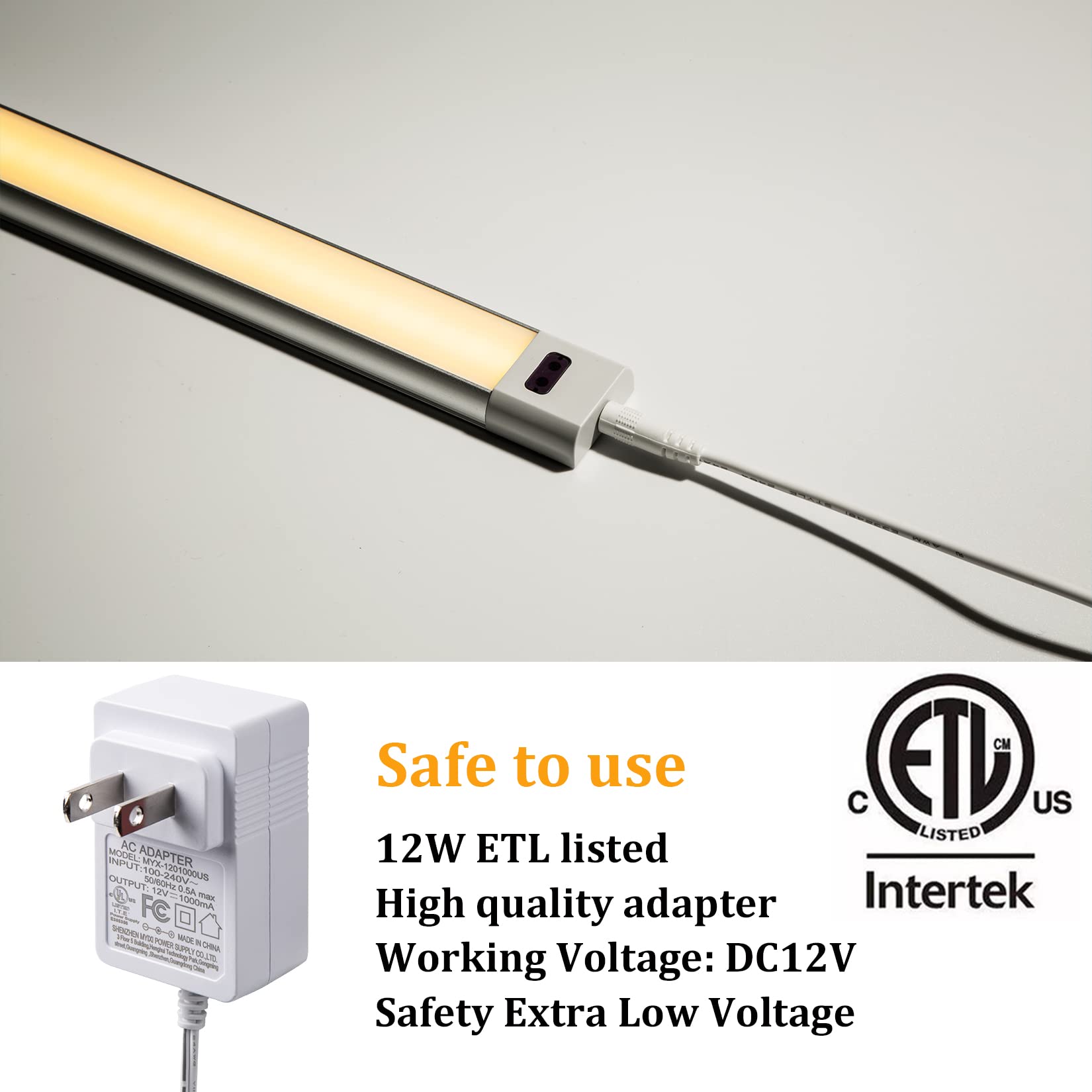 Wobane Under Cabinet Lighting, Plug In Led Light Bar With Etl Adapter, Hand Wave Activated, 12    Cabinet Light Kit For Kitchen,