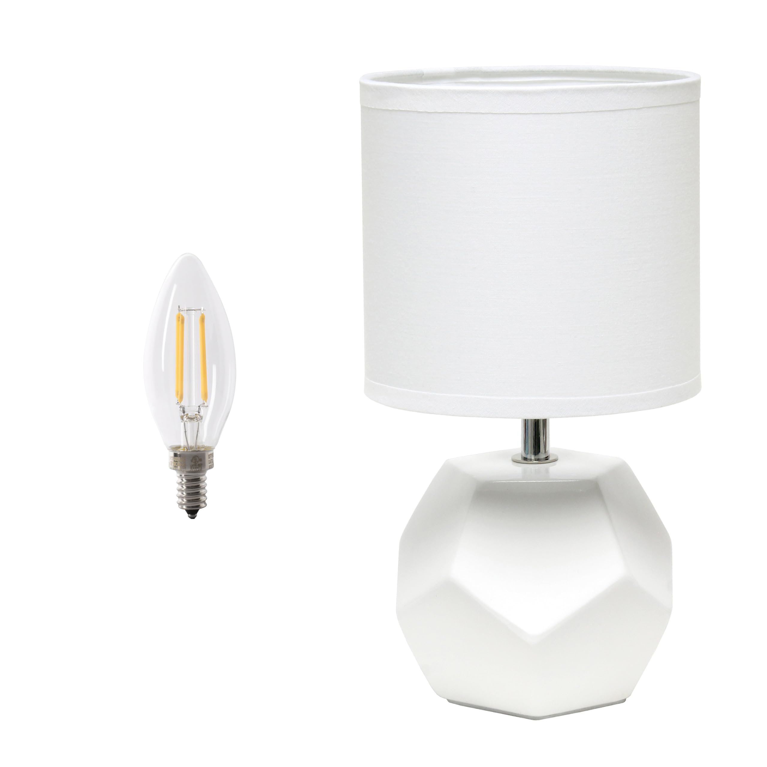 Simple Designs Lt2065-Wht-Lb 10.24'' Round Geometric Prism Mini Table Lamp With Matching Fabric Shade, Led Bulb Included, White