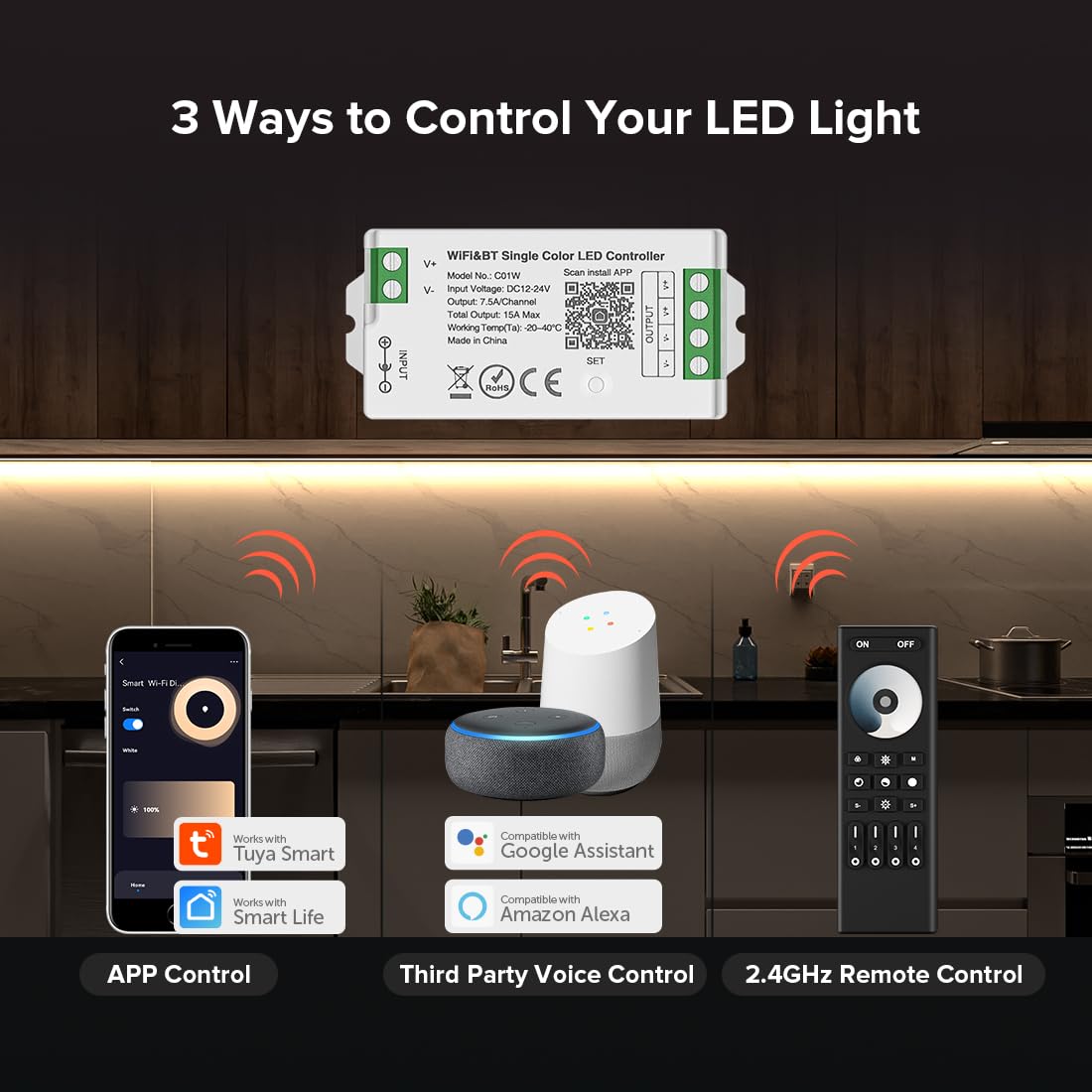 Btf-Lighting C01W Monochrome Pwm (+V -V) 2Pin Led Strip Dim Brightness 2.4Ghz Tuya Wifi Group Controller Alexa Google Home Smart