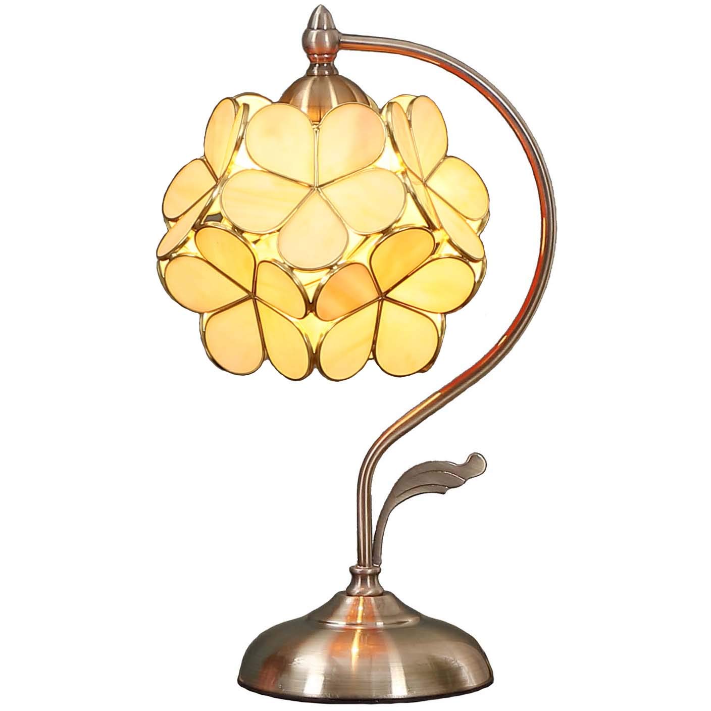 Bieye L10754 Tiffany Style Stained Glass Flower Petal Table Lamp with Brass Base for Home D  cor (Cream, 8'' Cherry Blossom)
