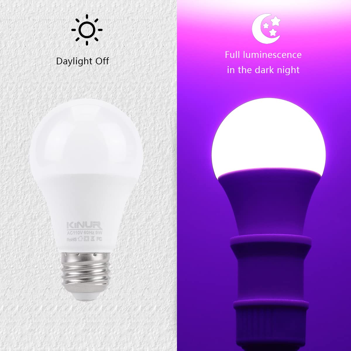 Kinur Light Bulb, A19 9W (60W Equivalent) Purple Led Lights 120V E26 Medium Base Non-Dimmable For Christmas Party Decoration Ind