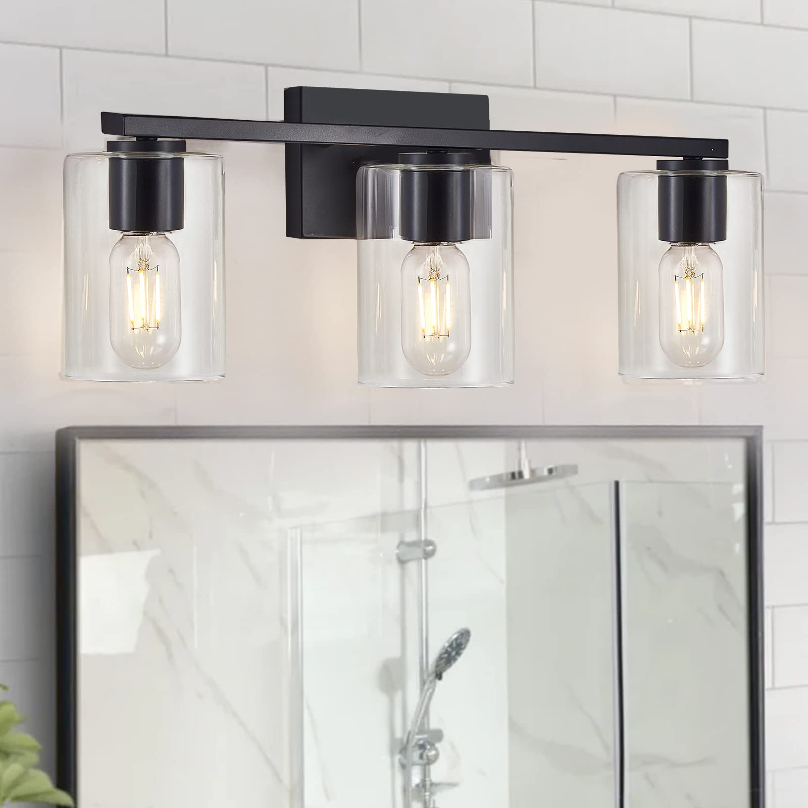 DRNANLIT Black Bathroom Vanity Light Fixture, 3-Light Industrial Wall Sconce, Clear Glass Shade, Model TYB3108205SB