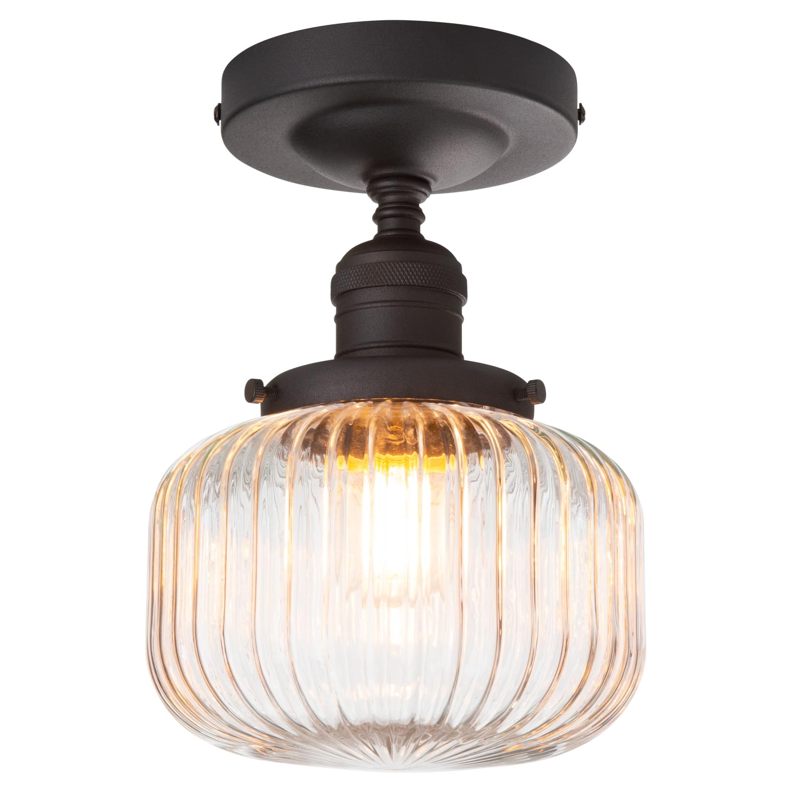 PERMO Modern Small Semi Flush Mount Ceiling Light Glass Ceiling Lights Hallway Light Fixtures with Flate Ribbed Glass Lampshade,