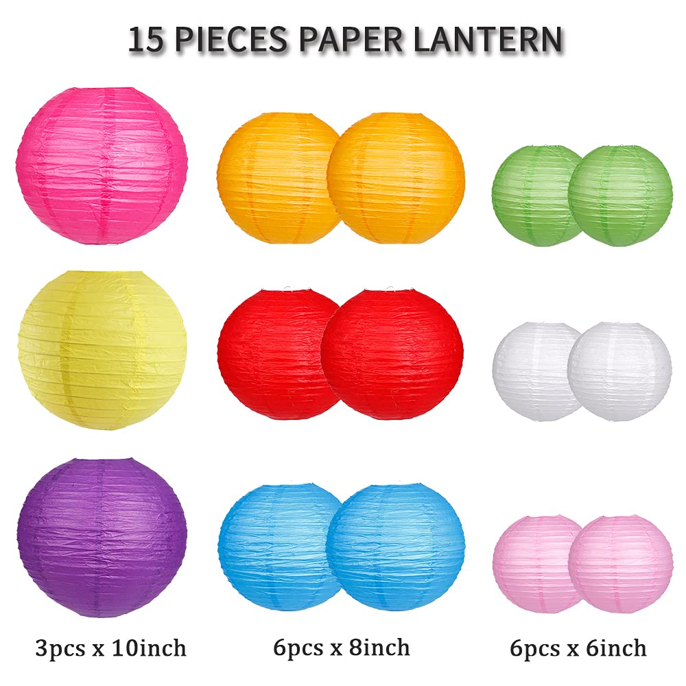 zilue Paper Lanterns 15pcs, Round Hanging Decorative Lanterns, Colorful, for Wedding and Party, Model PL1003